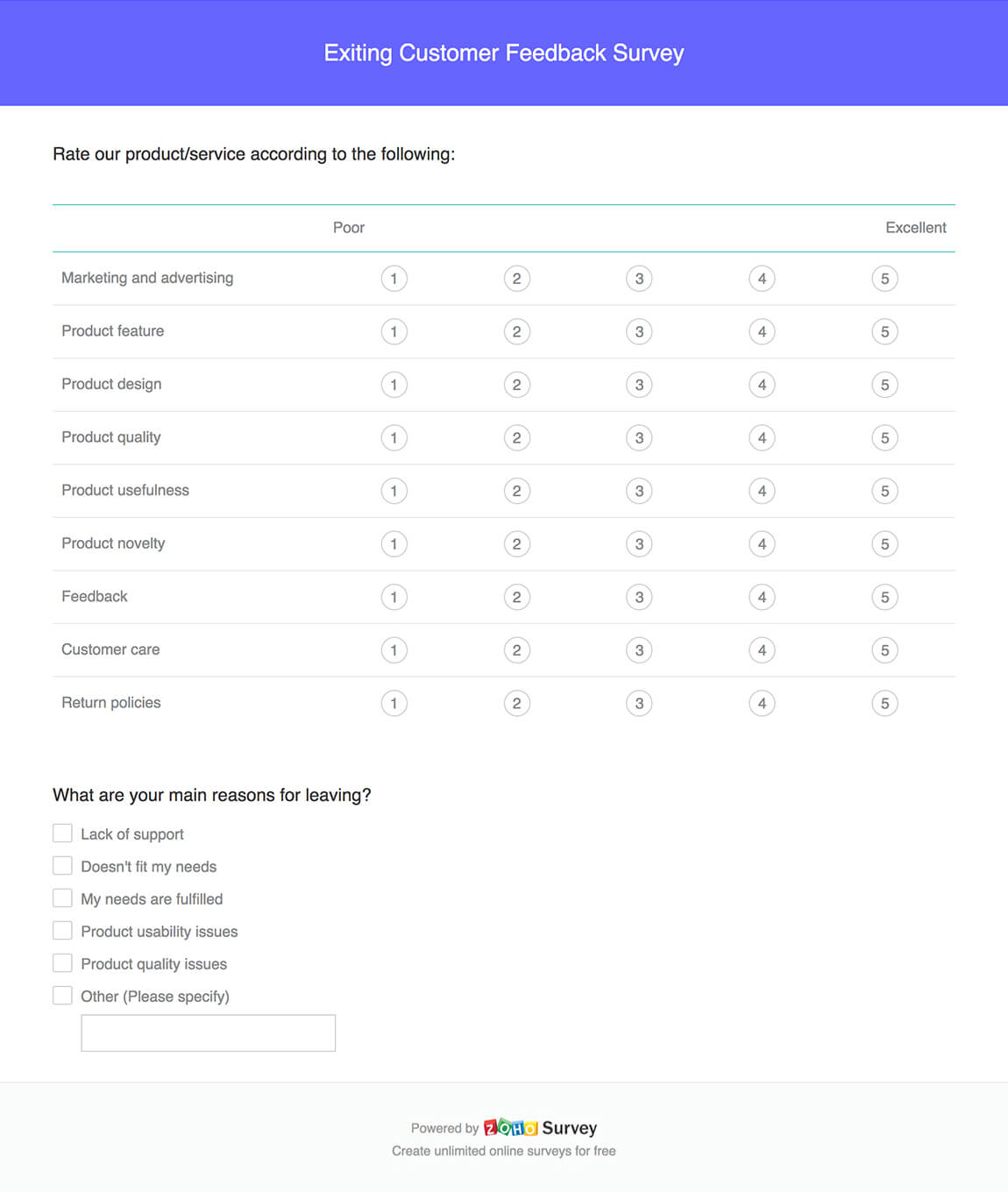 Exiting customer feedback survey questionnaire template