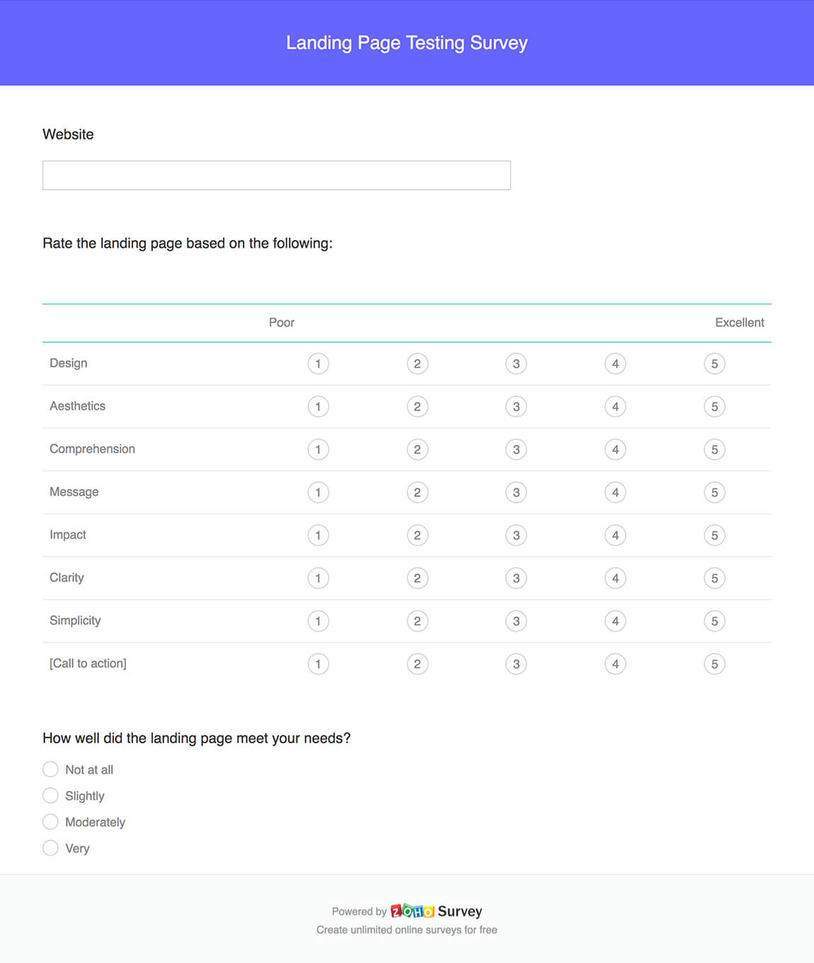 Landing page testing survey questionnaire template