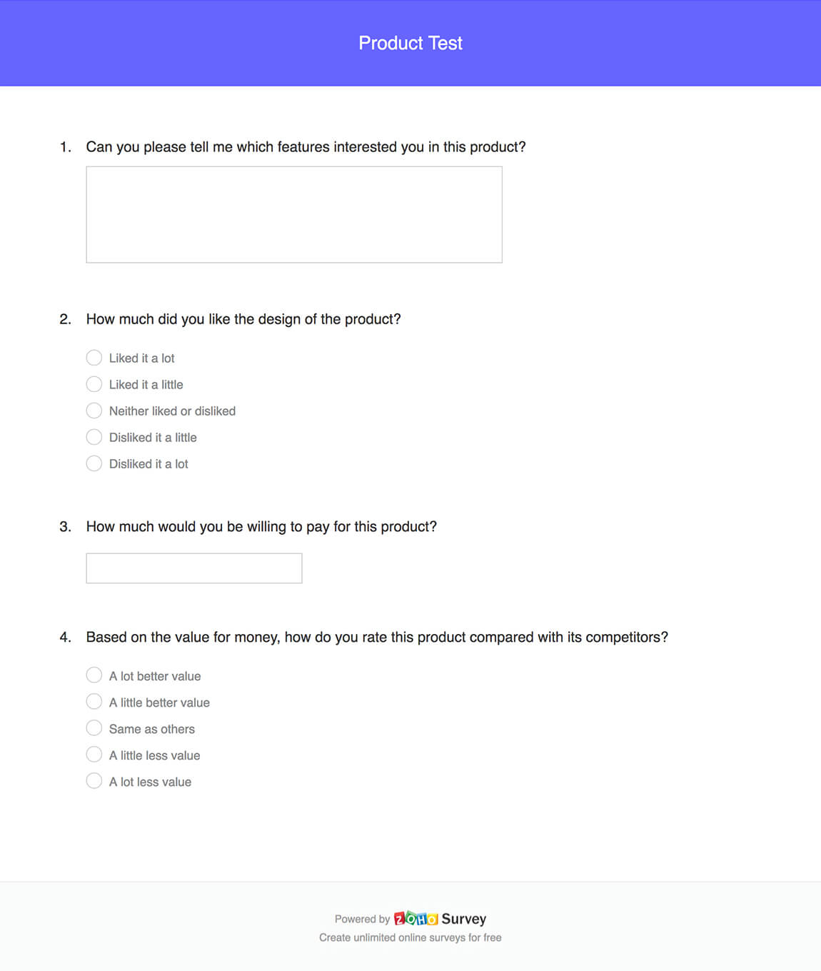 Product test survey questionnaire template