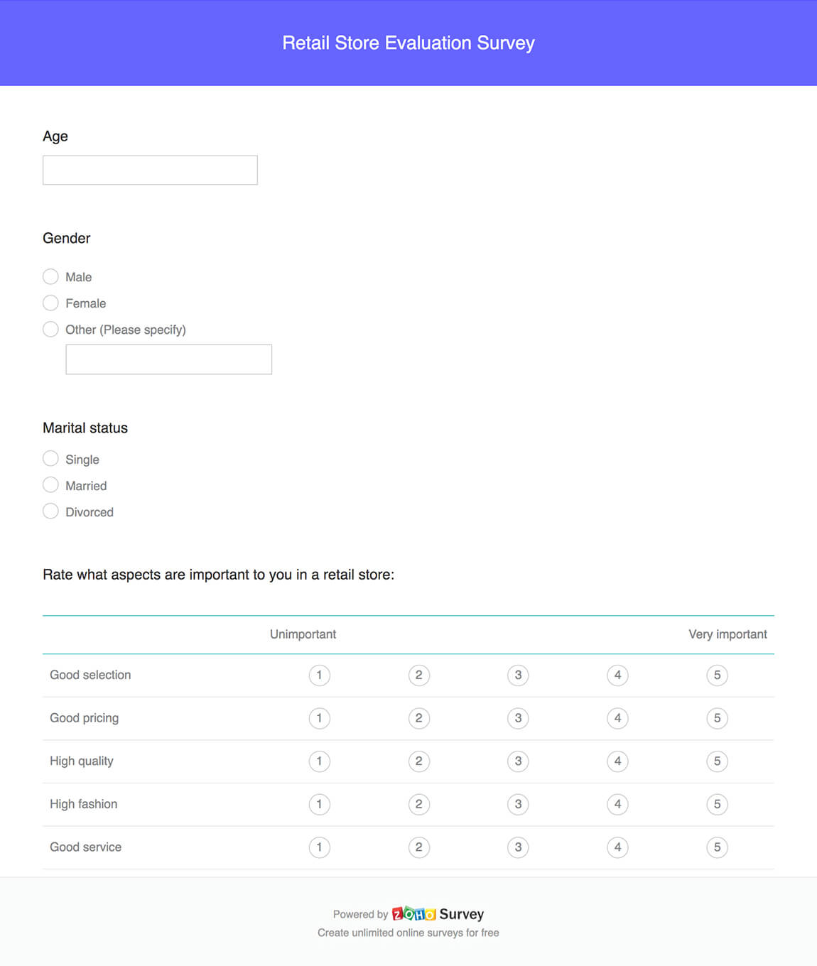 Retail store evaluation survey questionnaire template