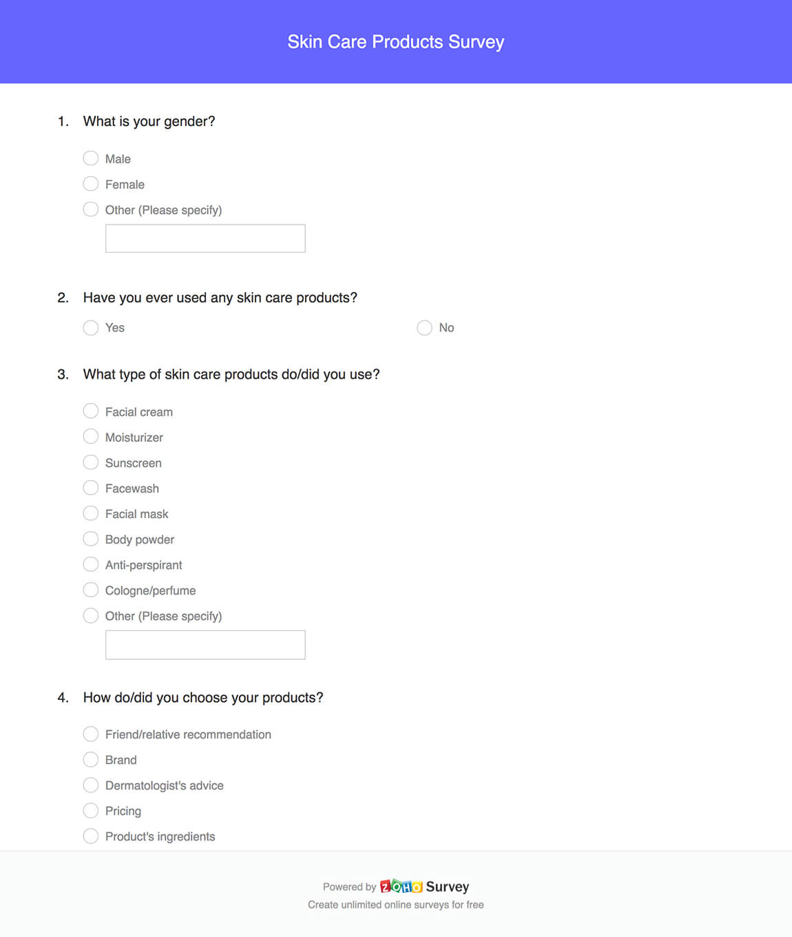 Skin care products survey questionnaire template