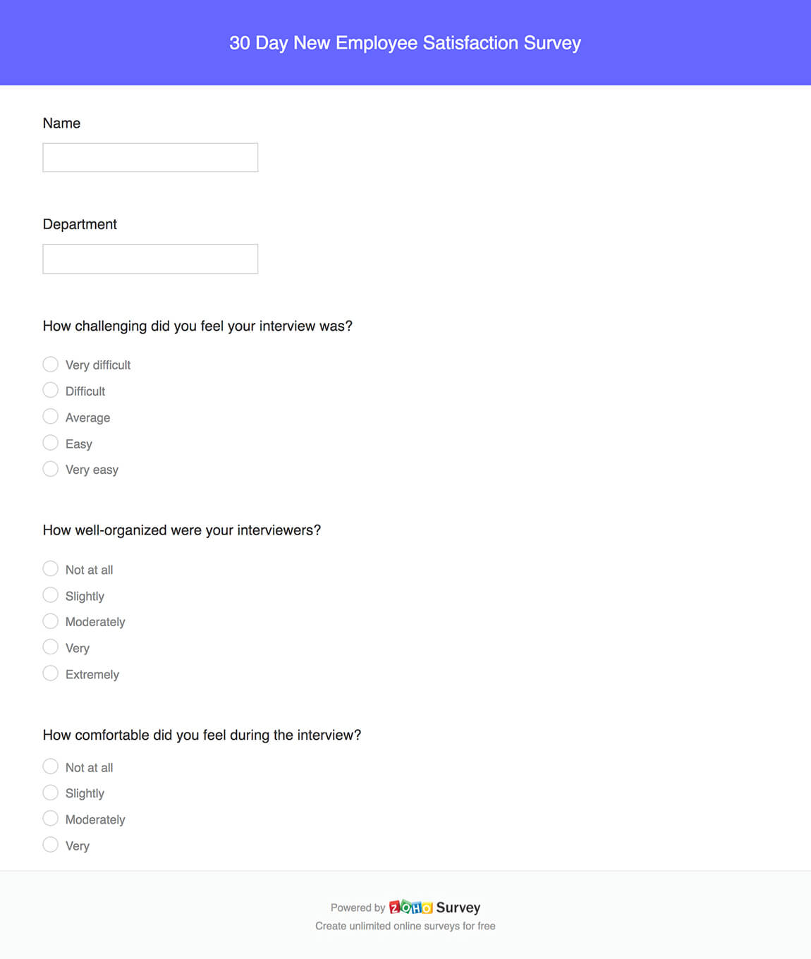 30 day new employee satisfaction survey questionnaire template