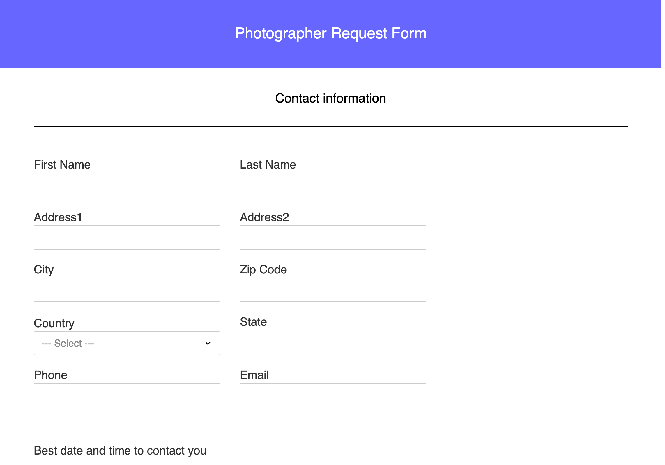  Photographer request form