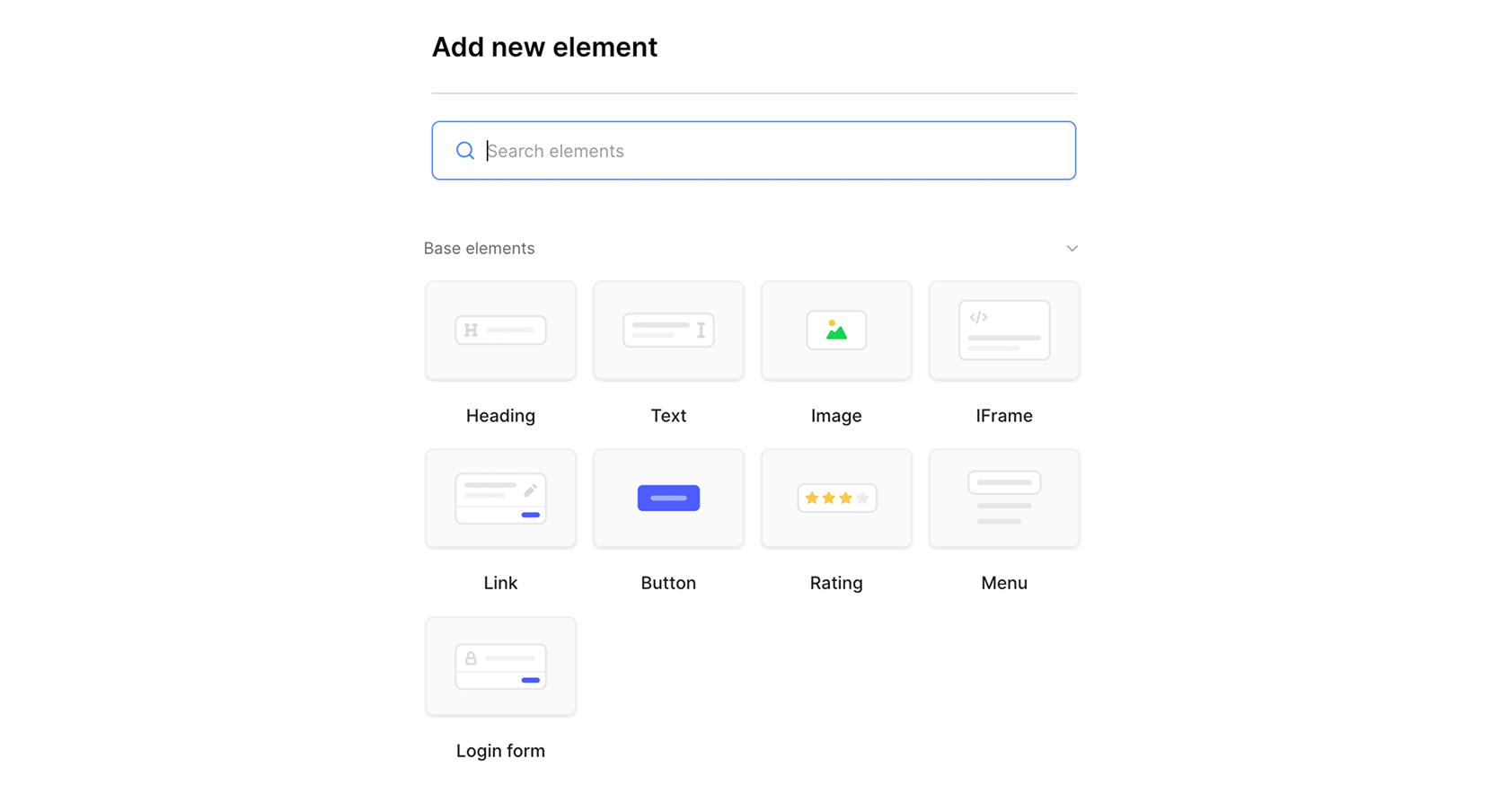 Baserow application builder showing drag-and-drop interface with basic web elements