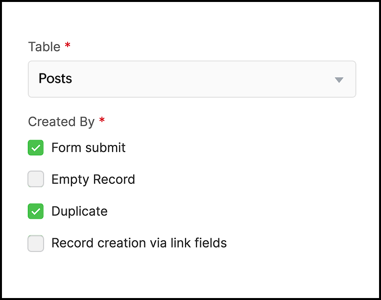 Trigger automation interface showing record creation workflow