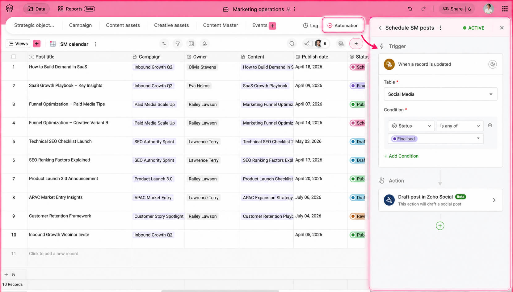 Social media view in Zoho Tables