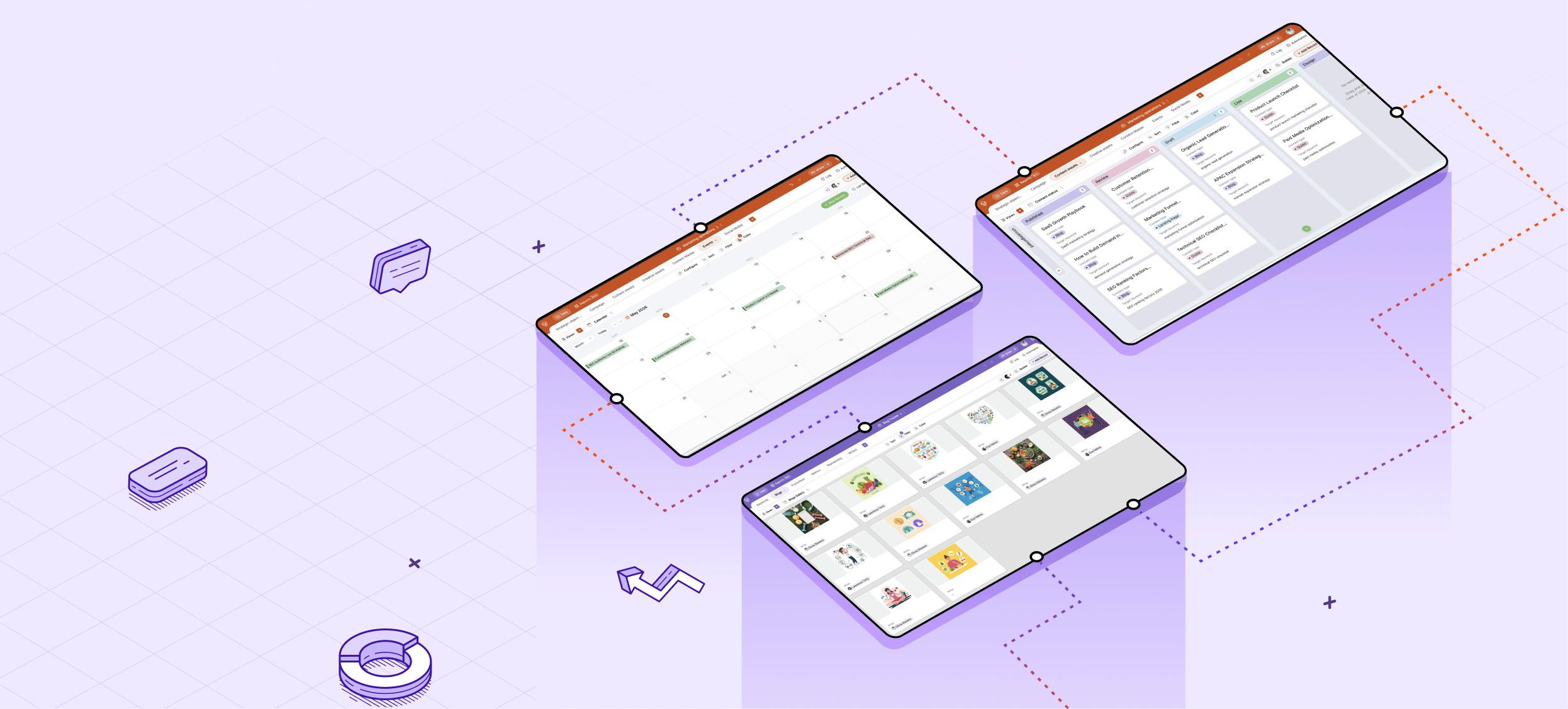 Grid, calendar, and gallery views of marketing operations dashboards in Zoho Tables