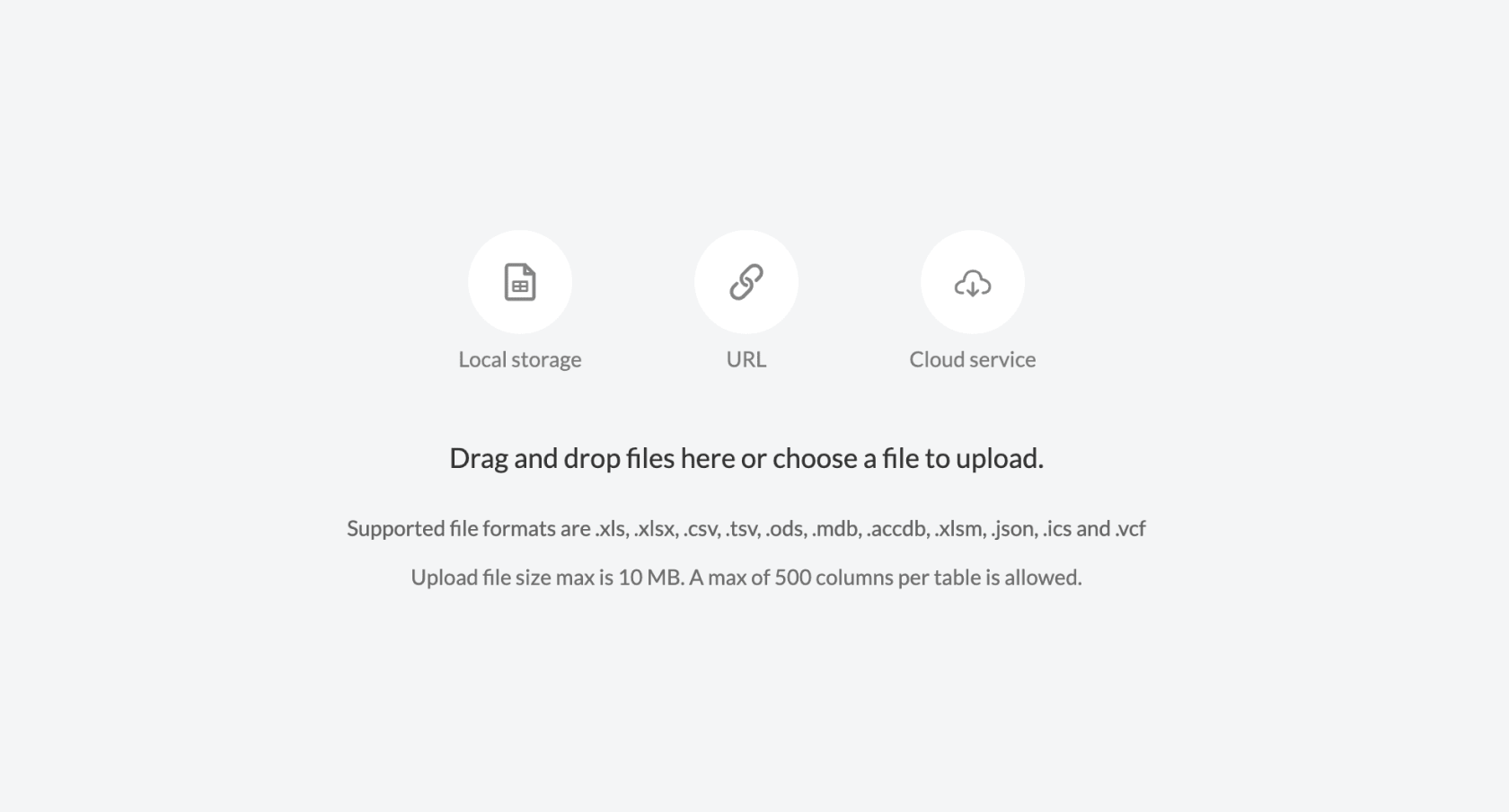 Zoho Tables data migration interface showing import options from various sources like local storage, cloud storage, and URLs