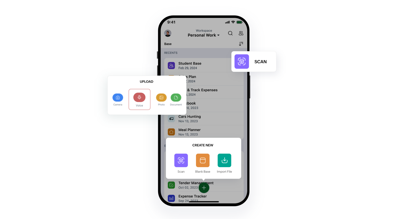 Zoho Tables mobile app interface showcasing mobile-specific features like OCR, Siri integration, and voice attachments