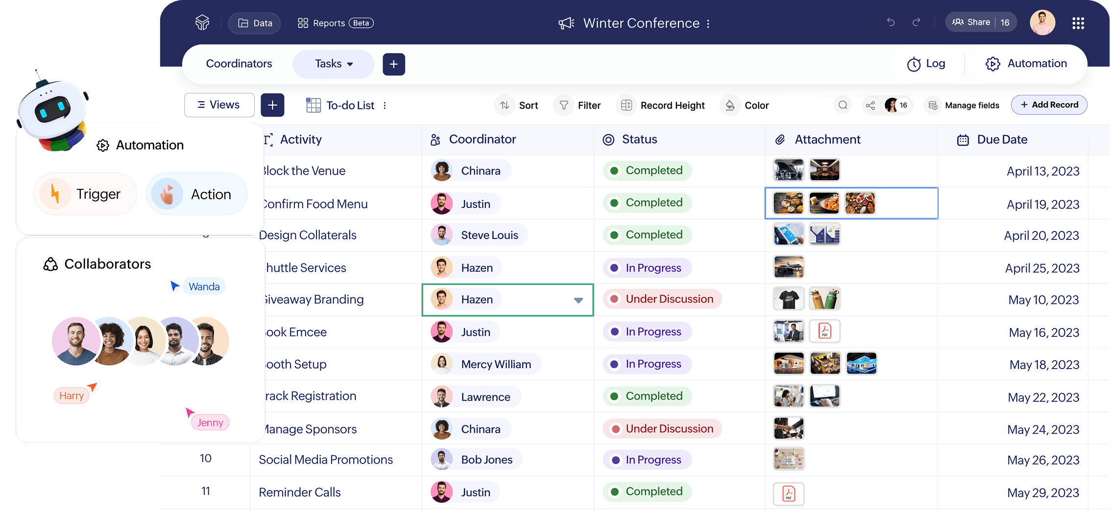 Zoho Tables grid view with automation and collaborators cards