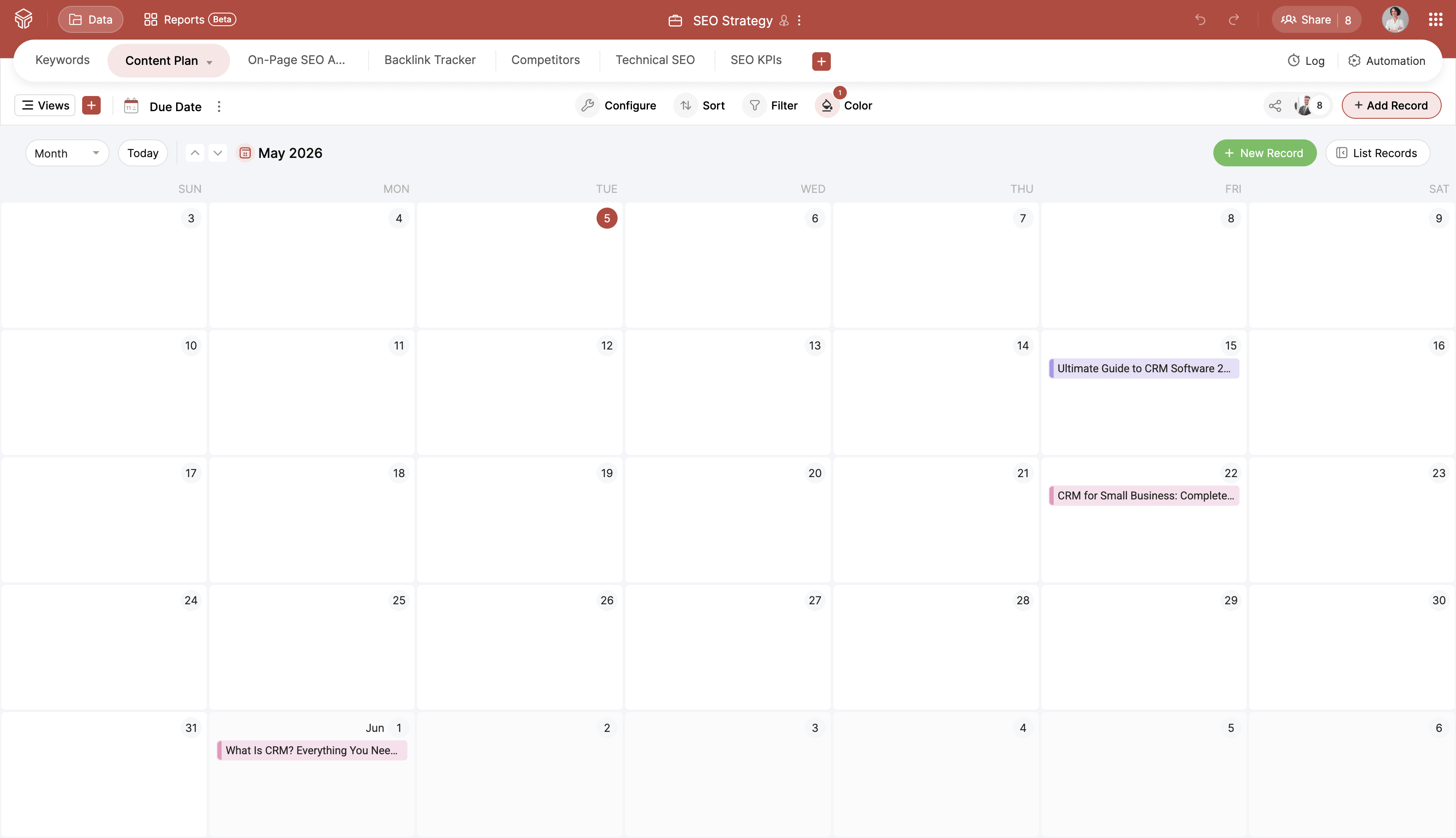SEO strategy calendar view