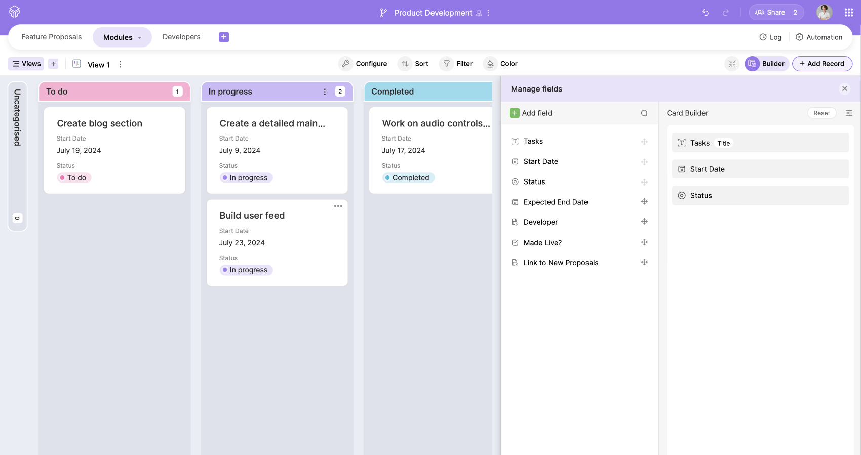 Customize cards with the intuitive kanban card builder