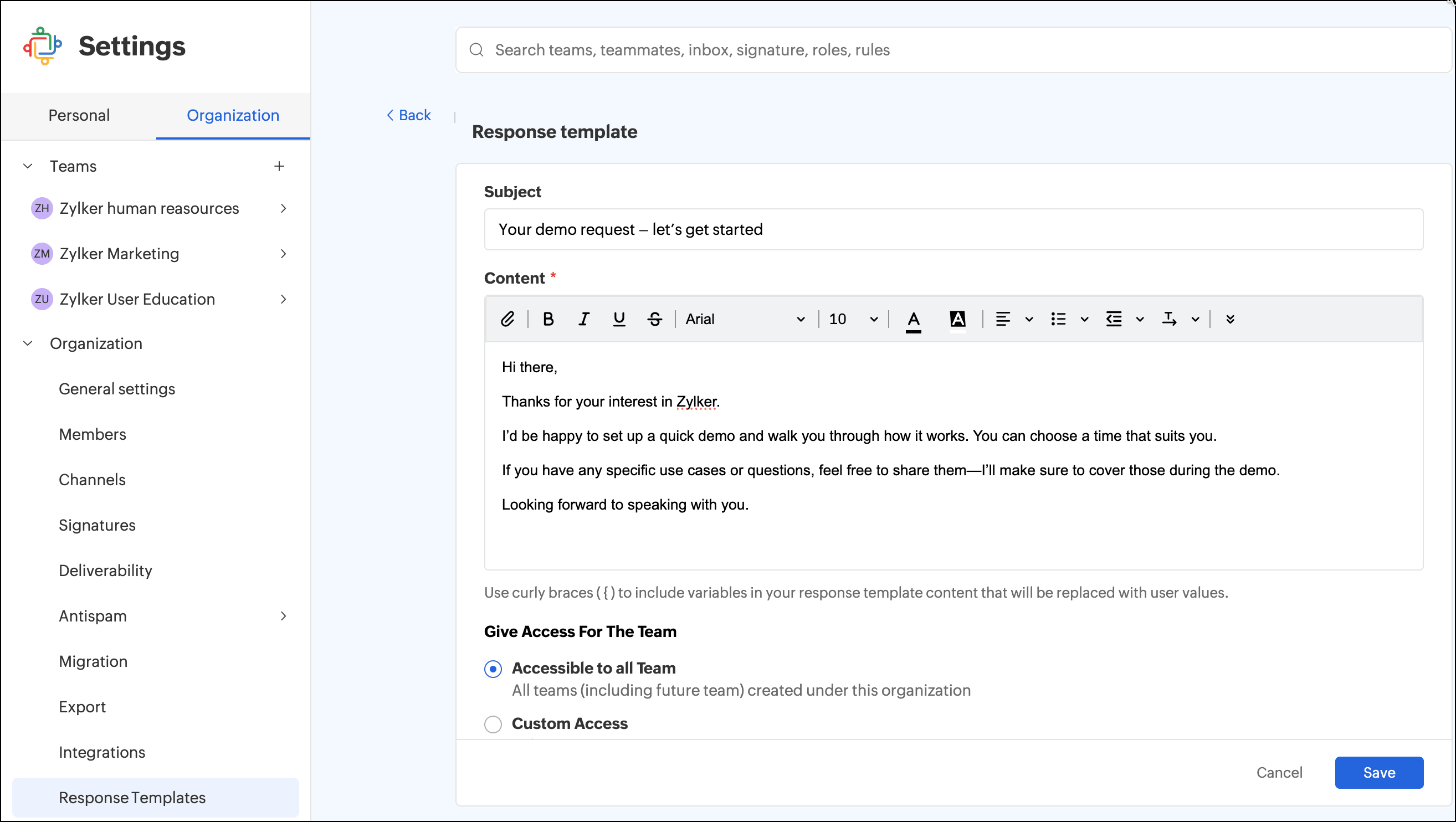 Create organization response templates Create organization response templates