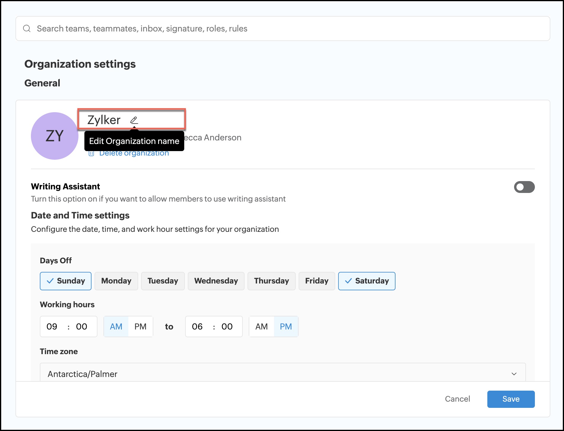 Edit organization name