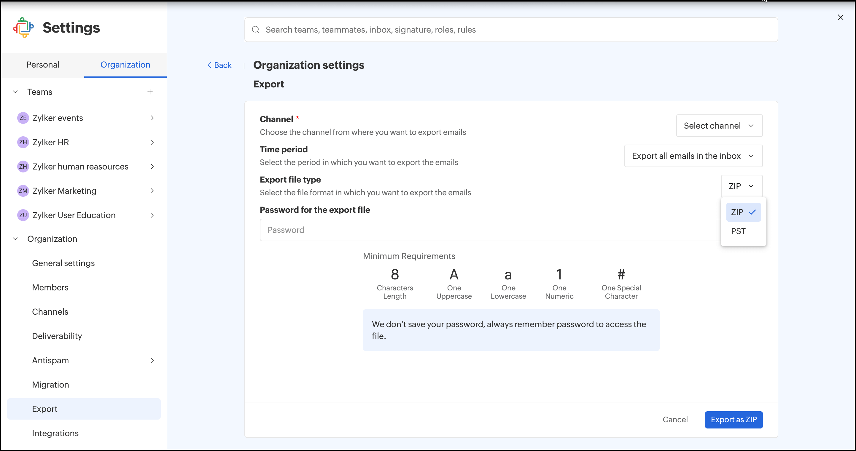 Export emails from Zoho TeamInbox