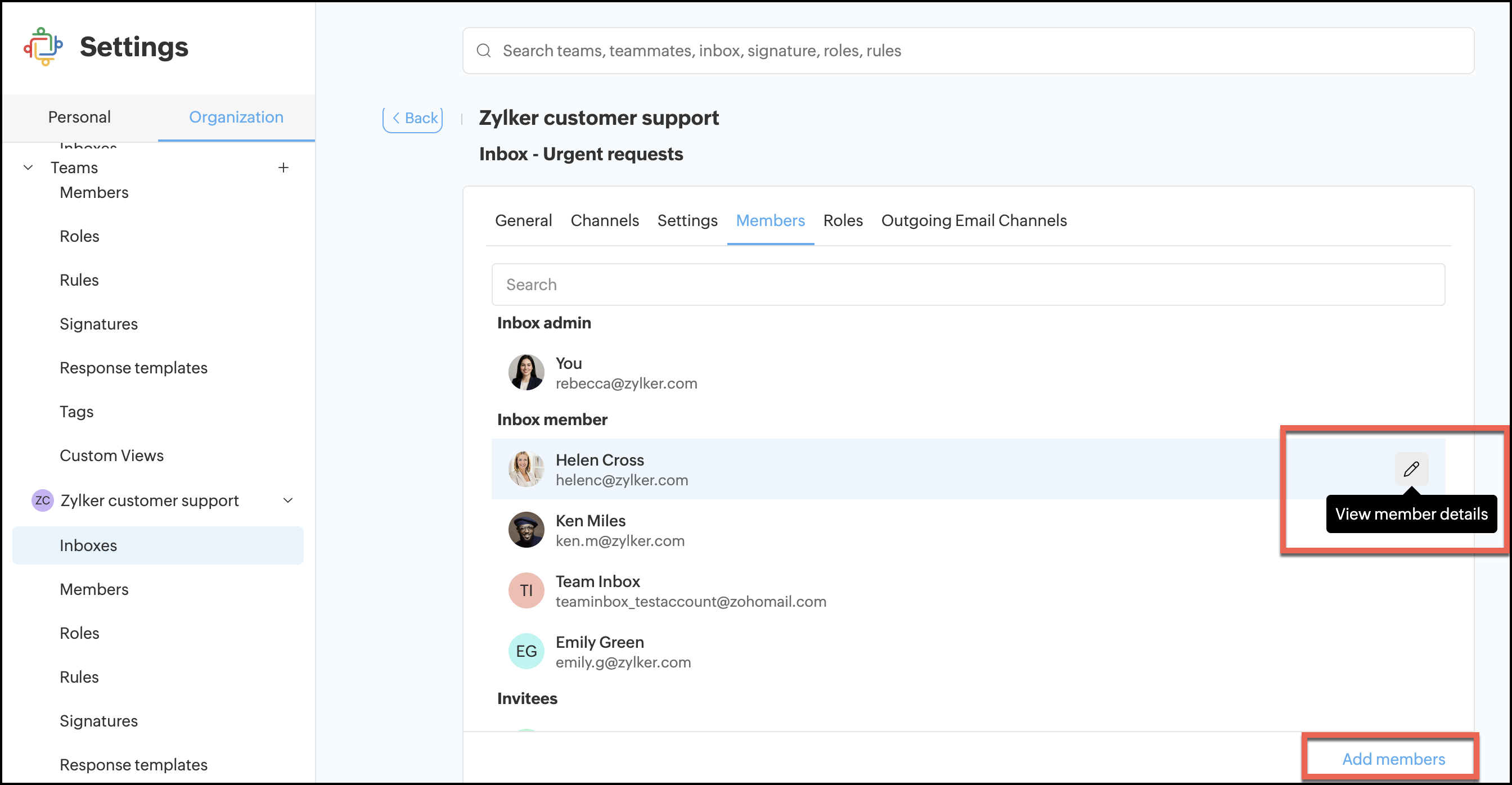 Inbox member settings
