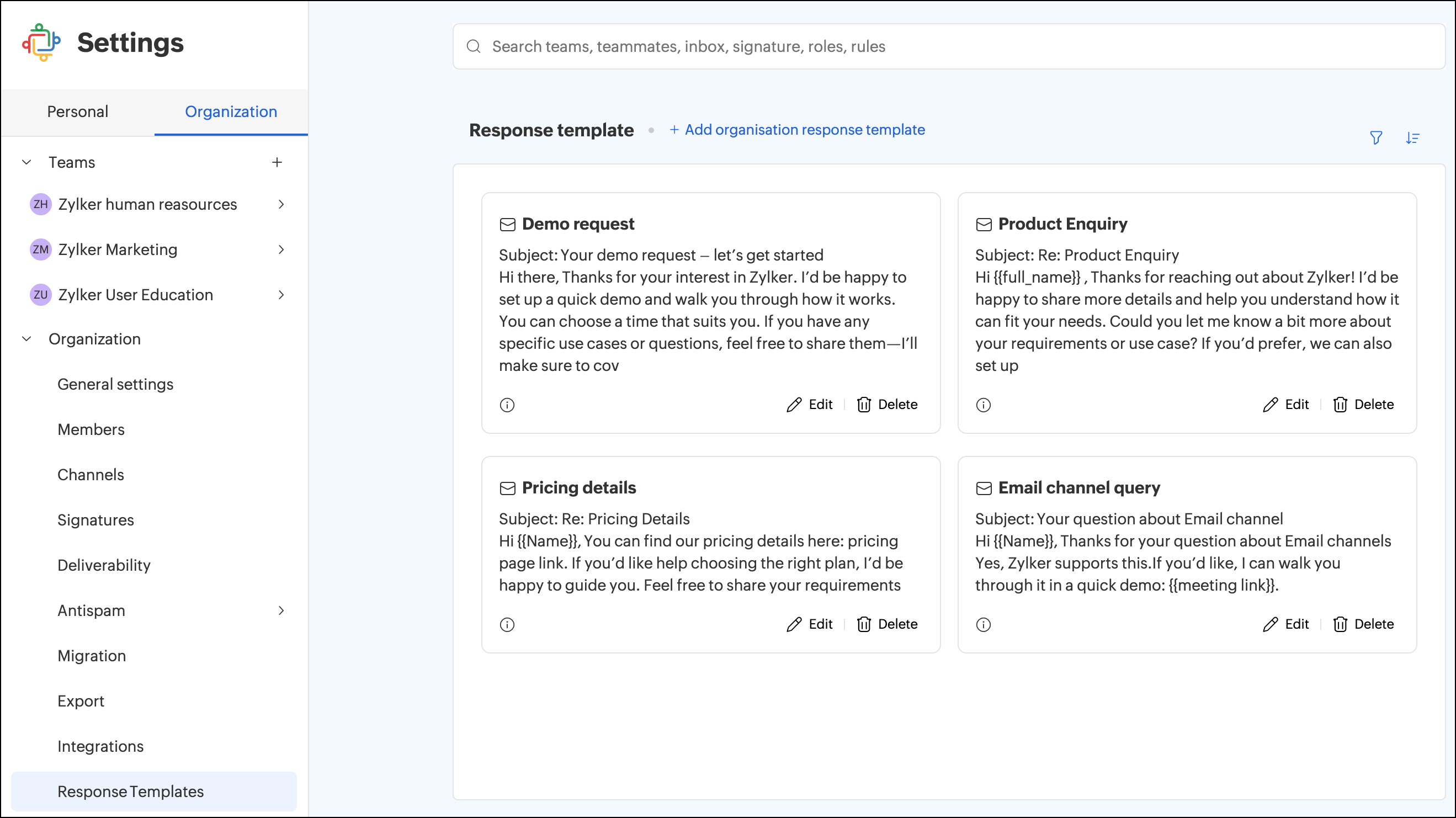 Organization response templates view Organization response templates view