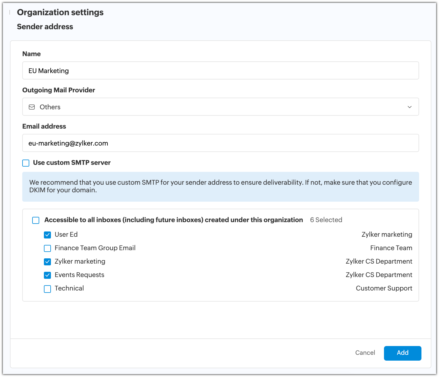 Managing sender addresses Zoho TeamInbox