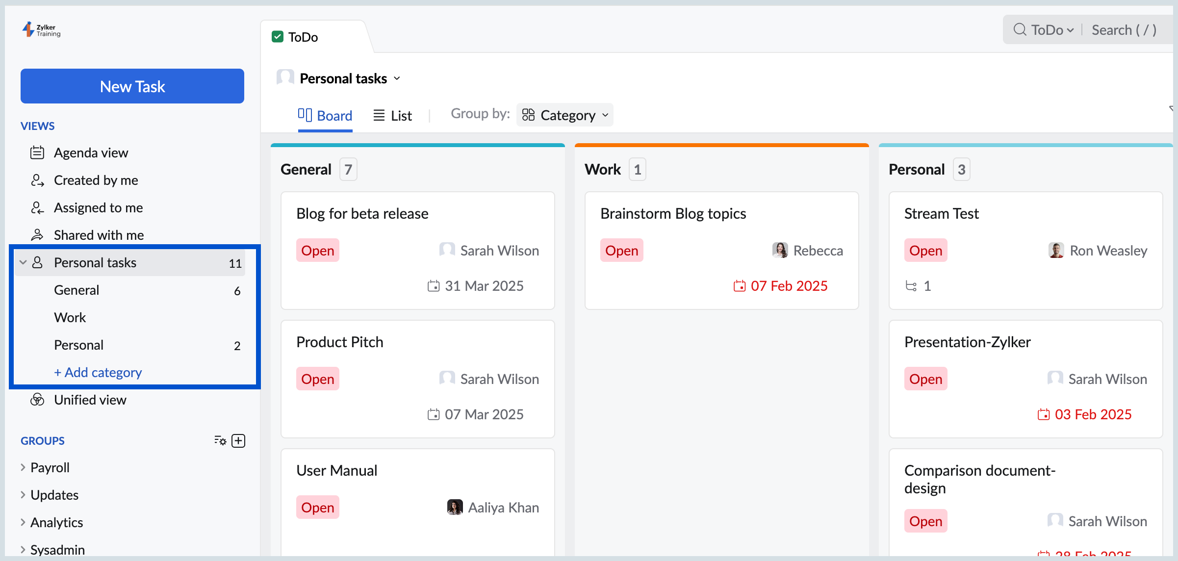 Personal tasks view