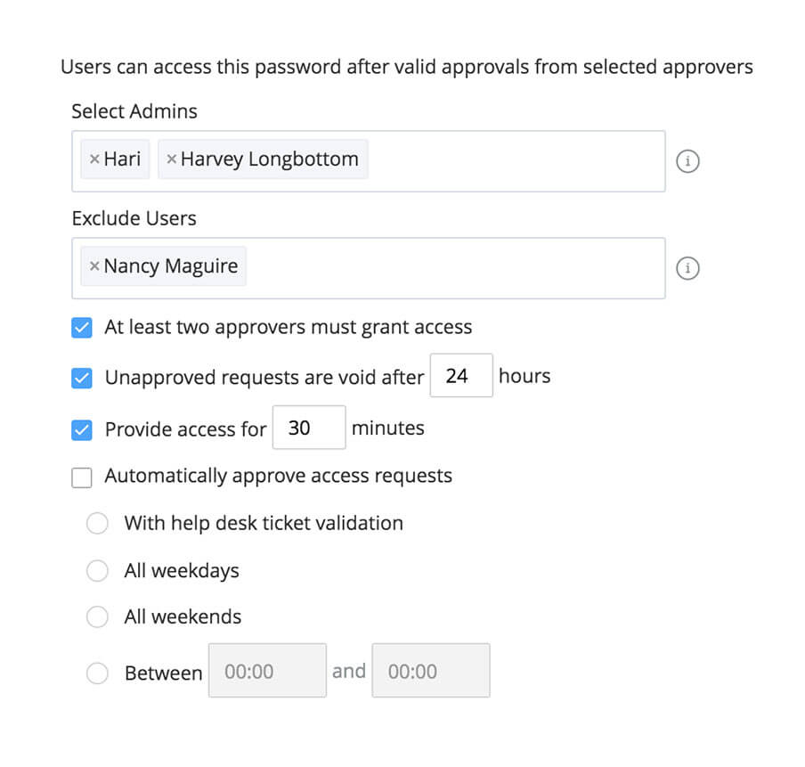 Select approvers for shared password access