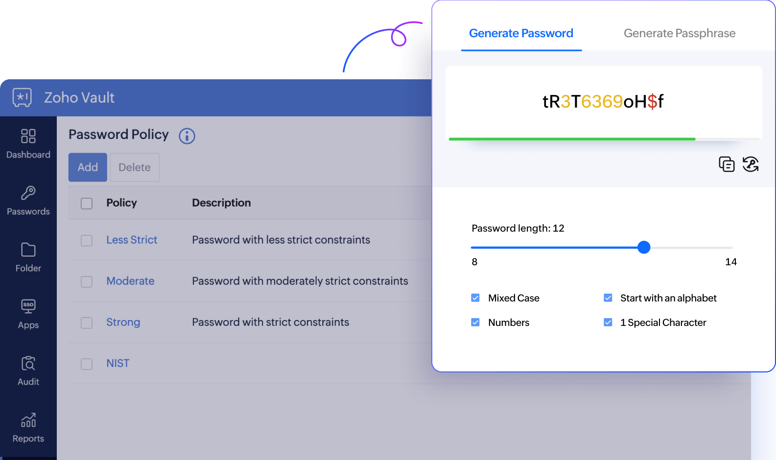 Password policy dashboard with password generator