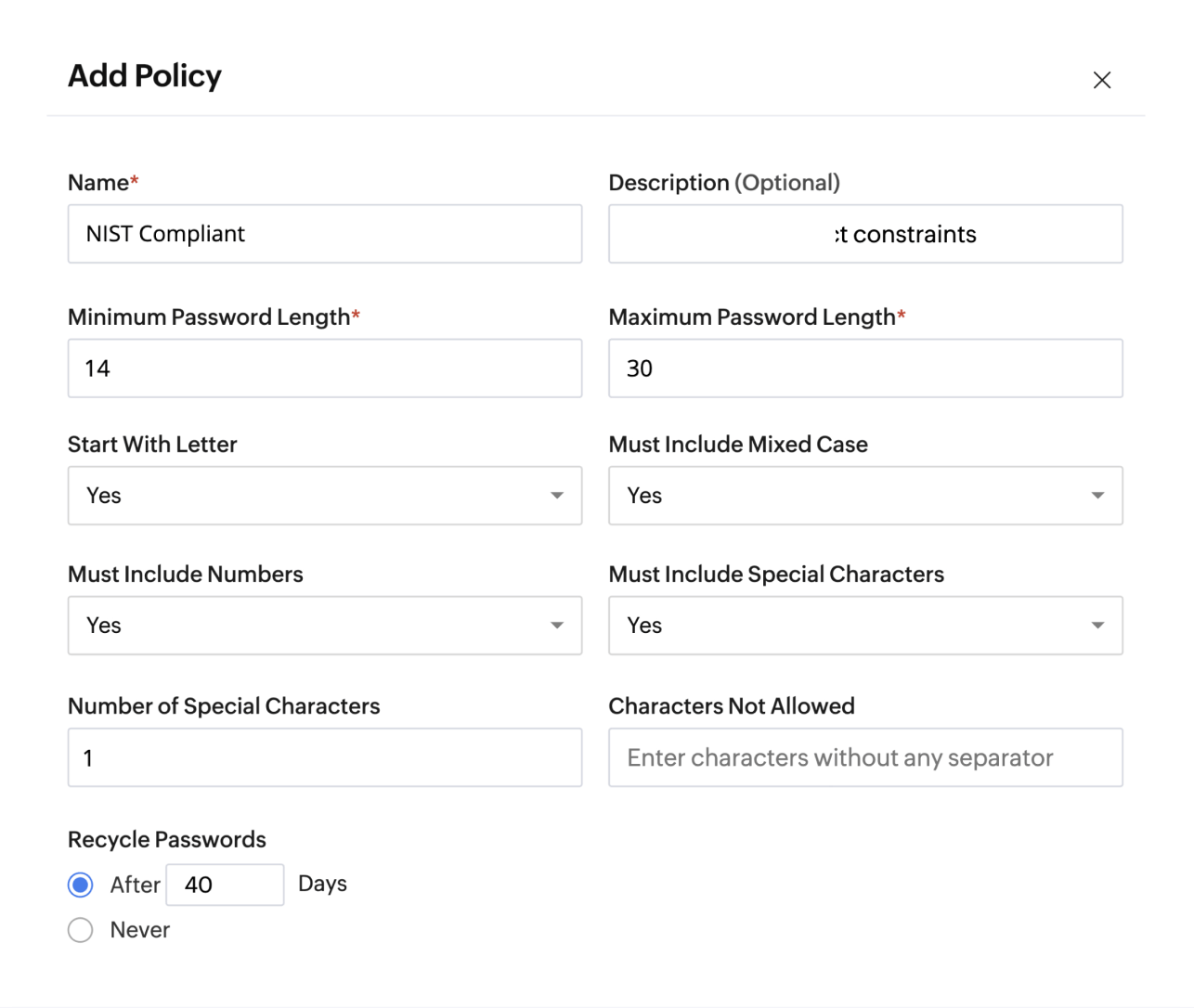 Password policy configuration interface