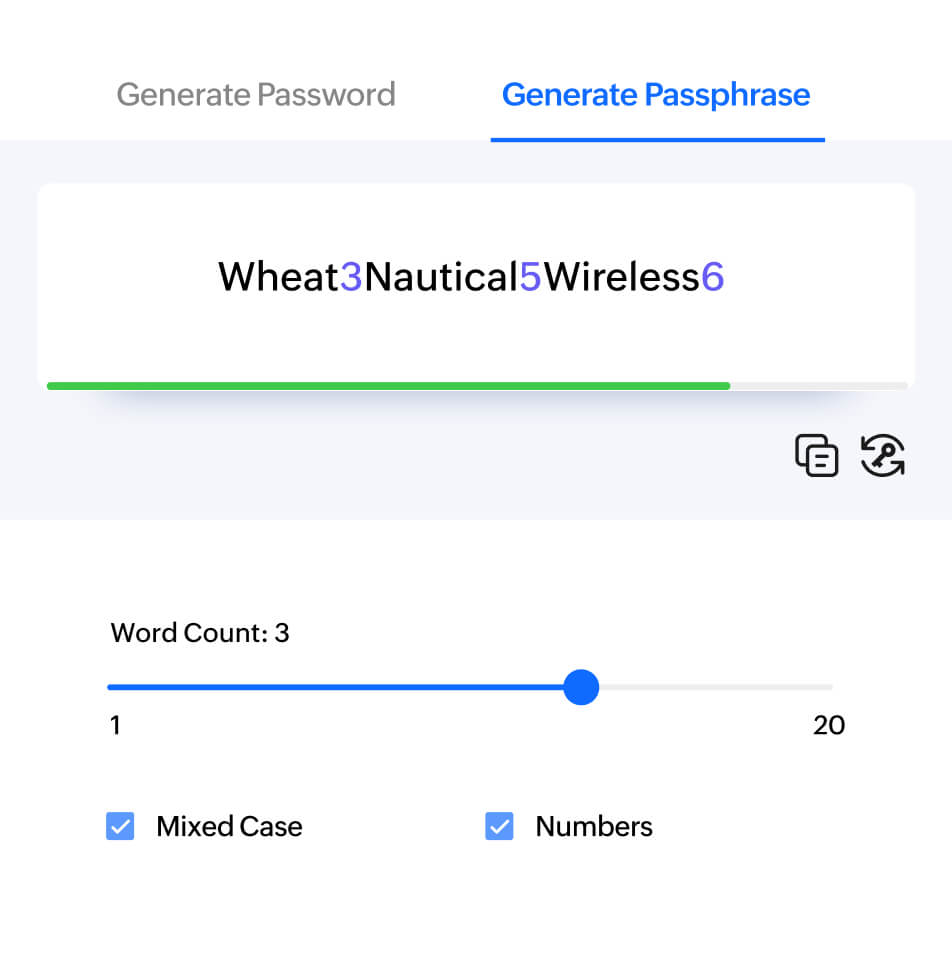 Generate a strong new password for your accounts using Zoho Vault's built-in password and passphrase generator.