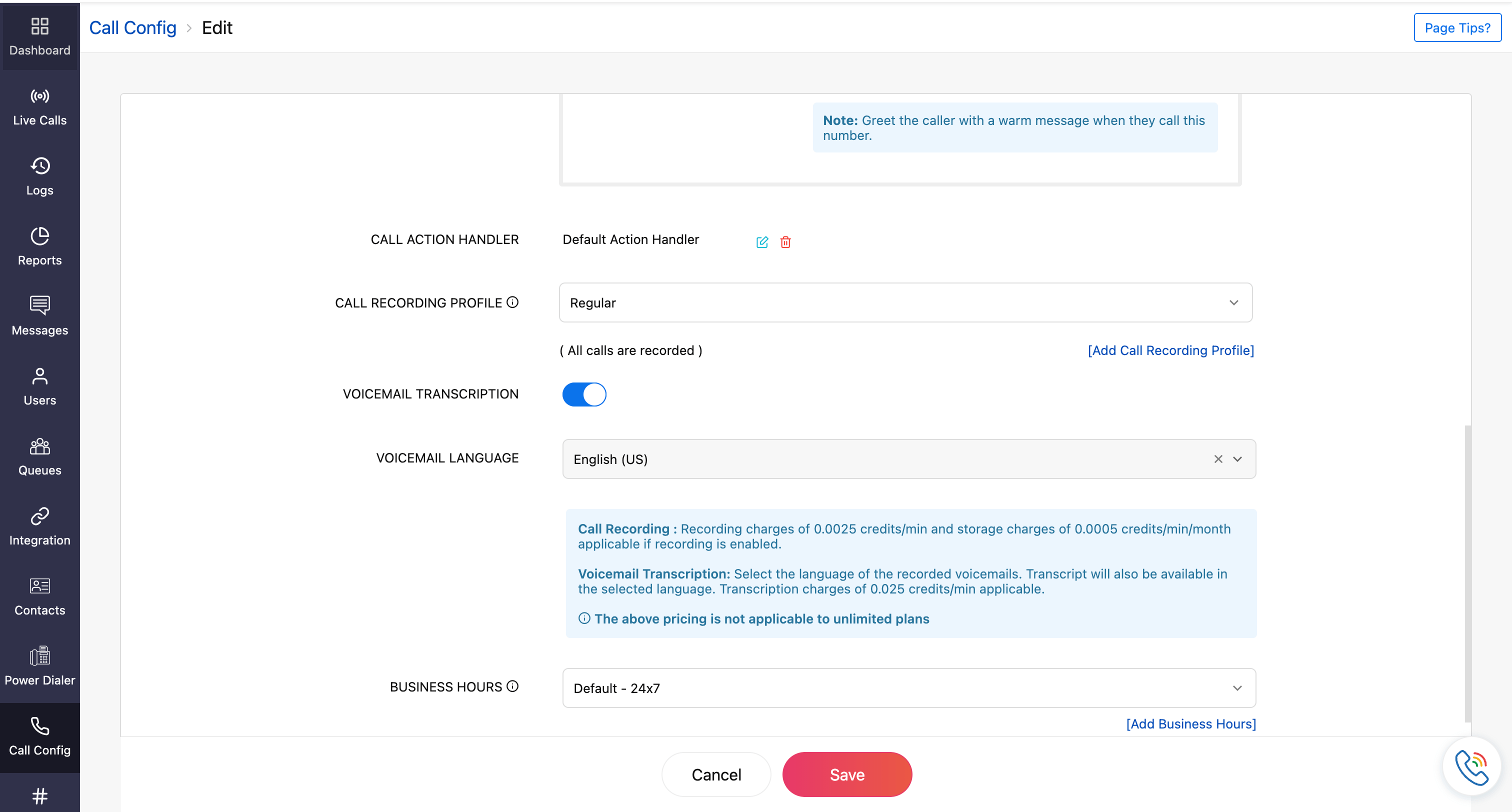 zoho voice call config edit