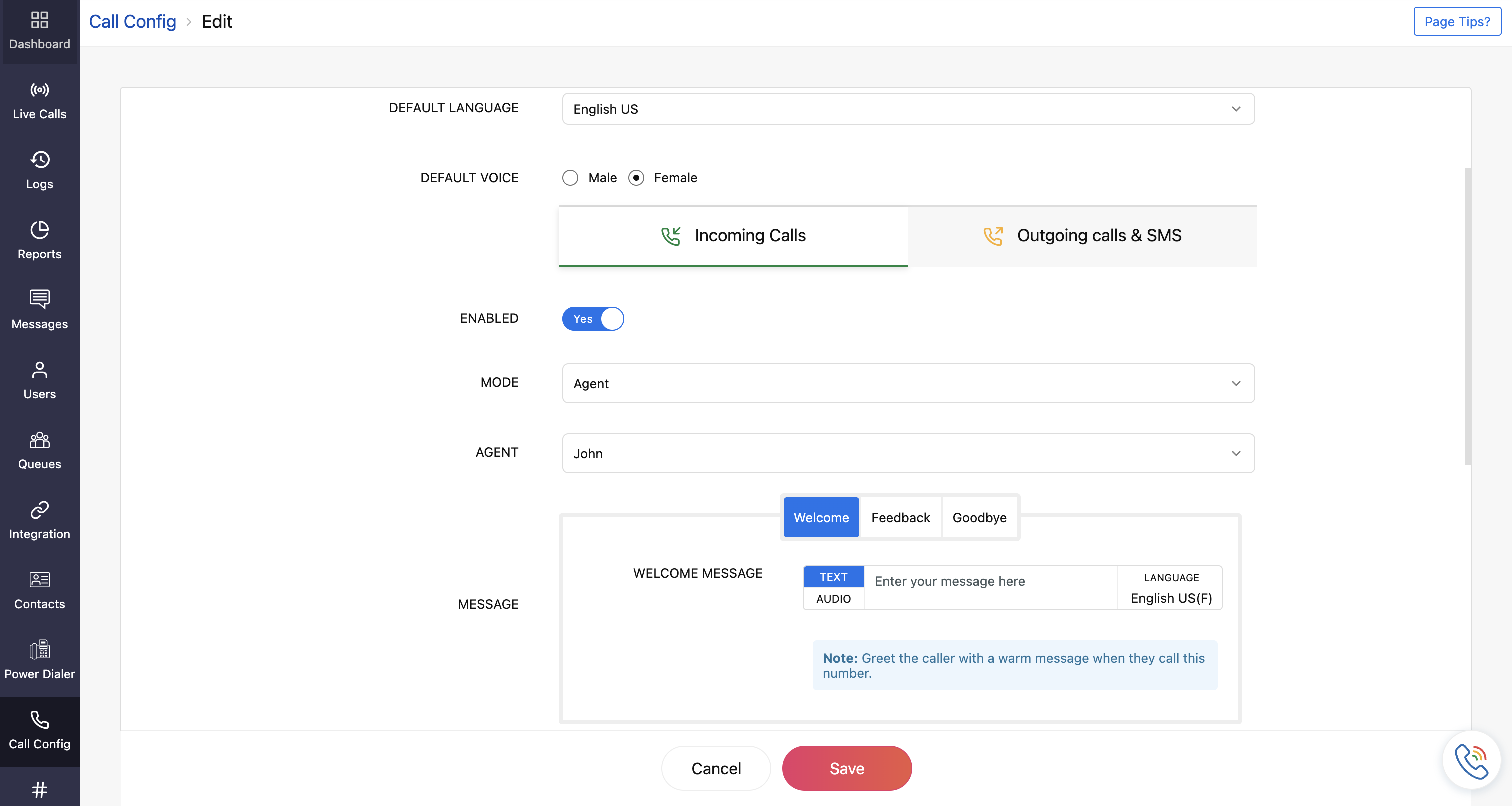 zoho voice call config save button