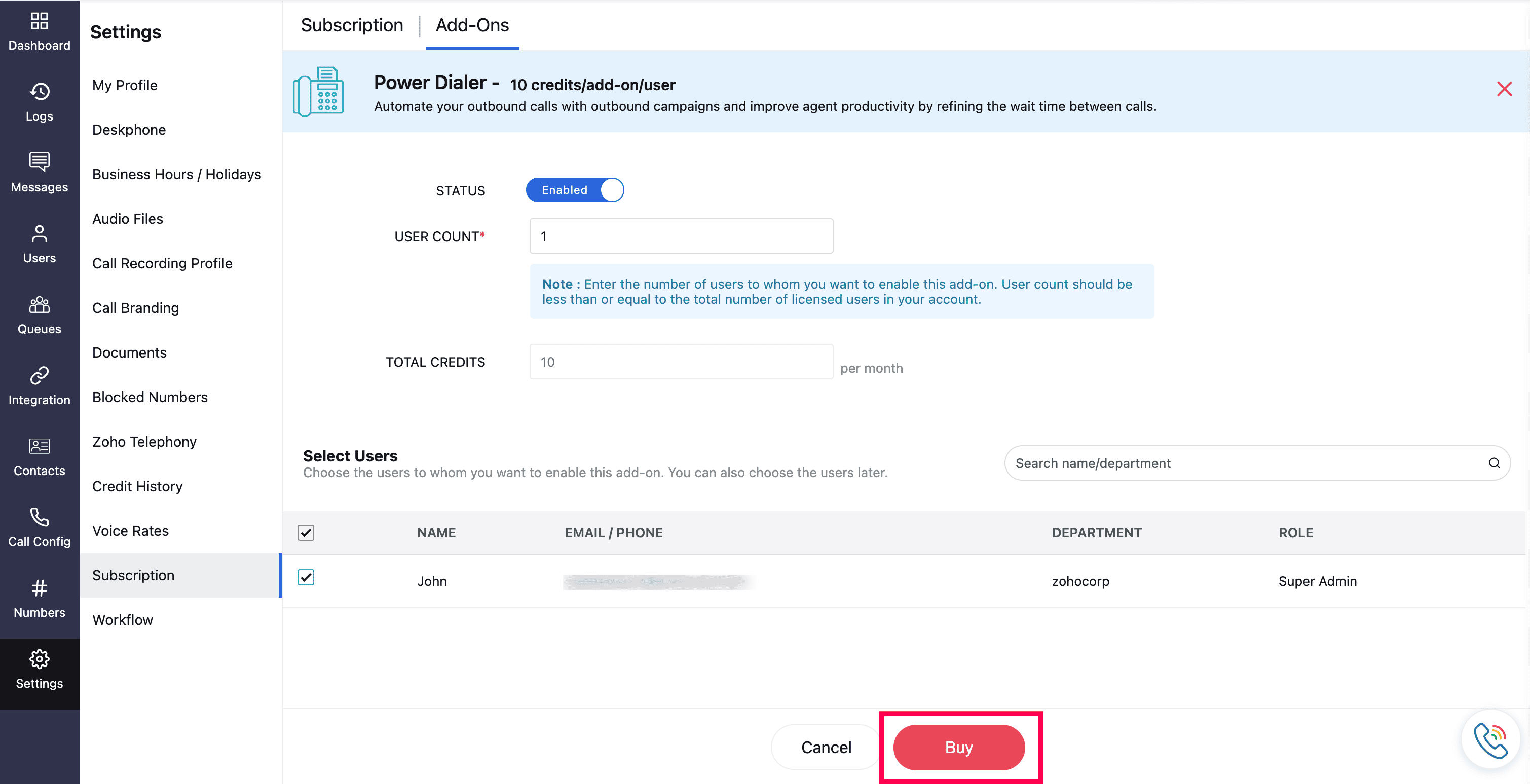 zoho voice pricing add on