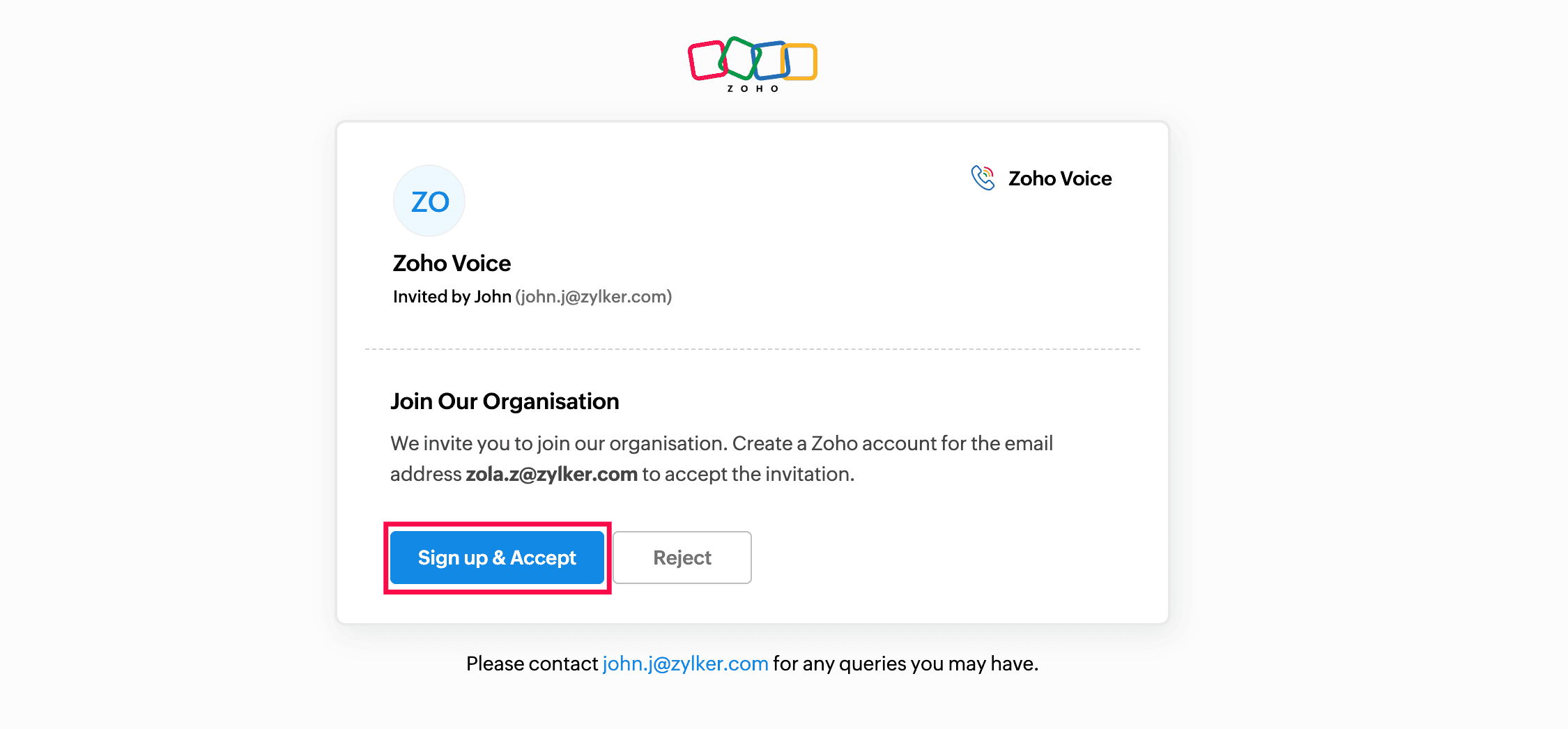 zoho voice sign up button