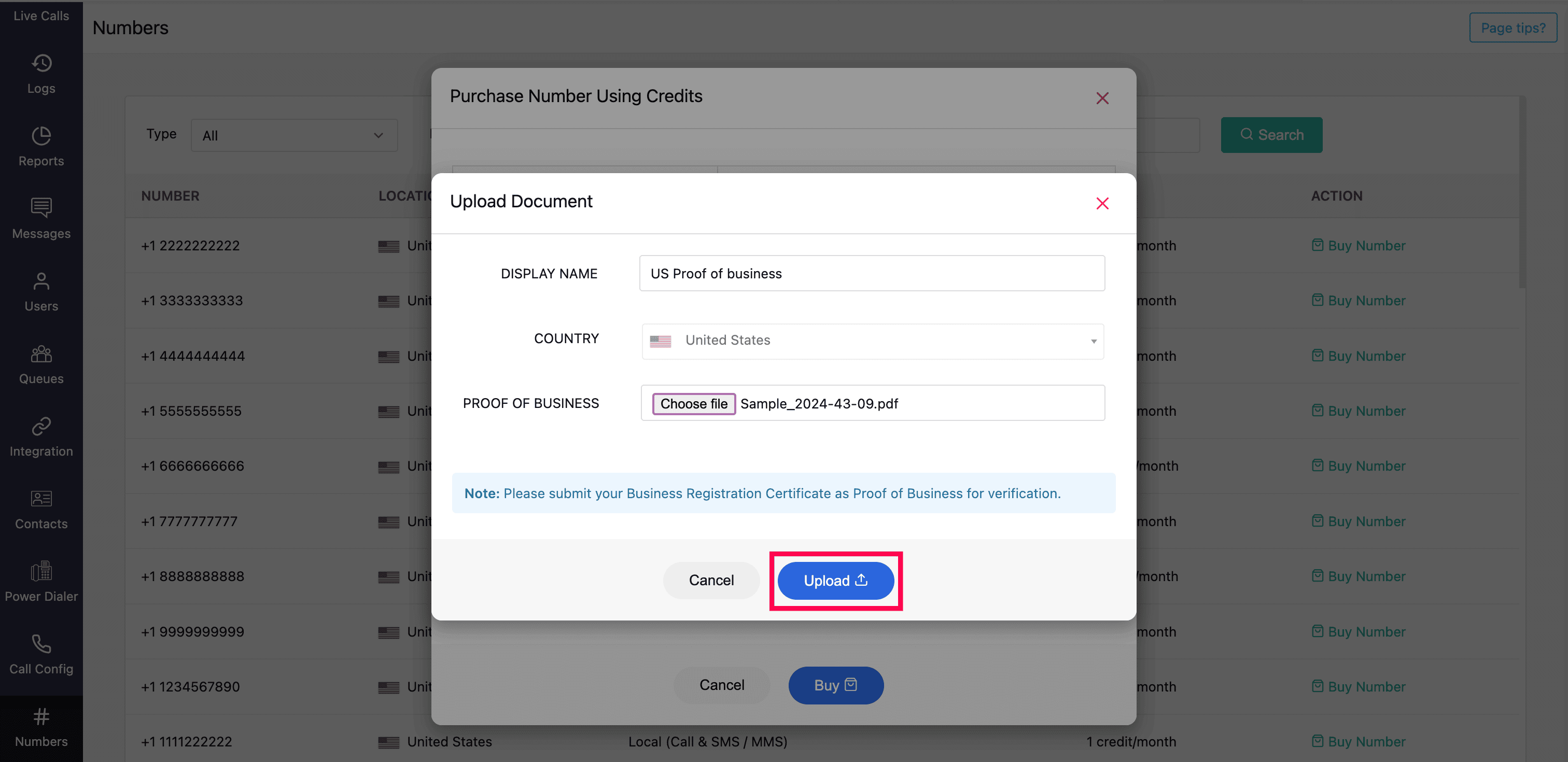 zoho voice upload document purchase