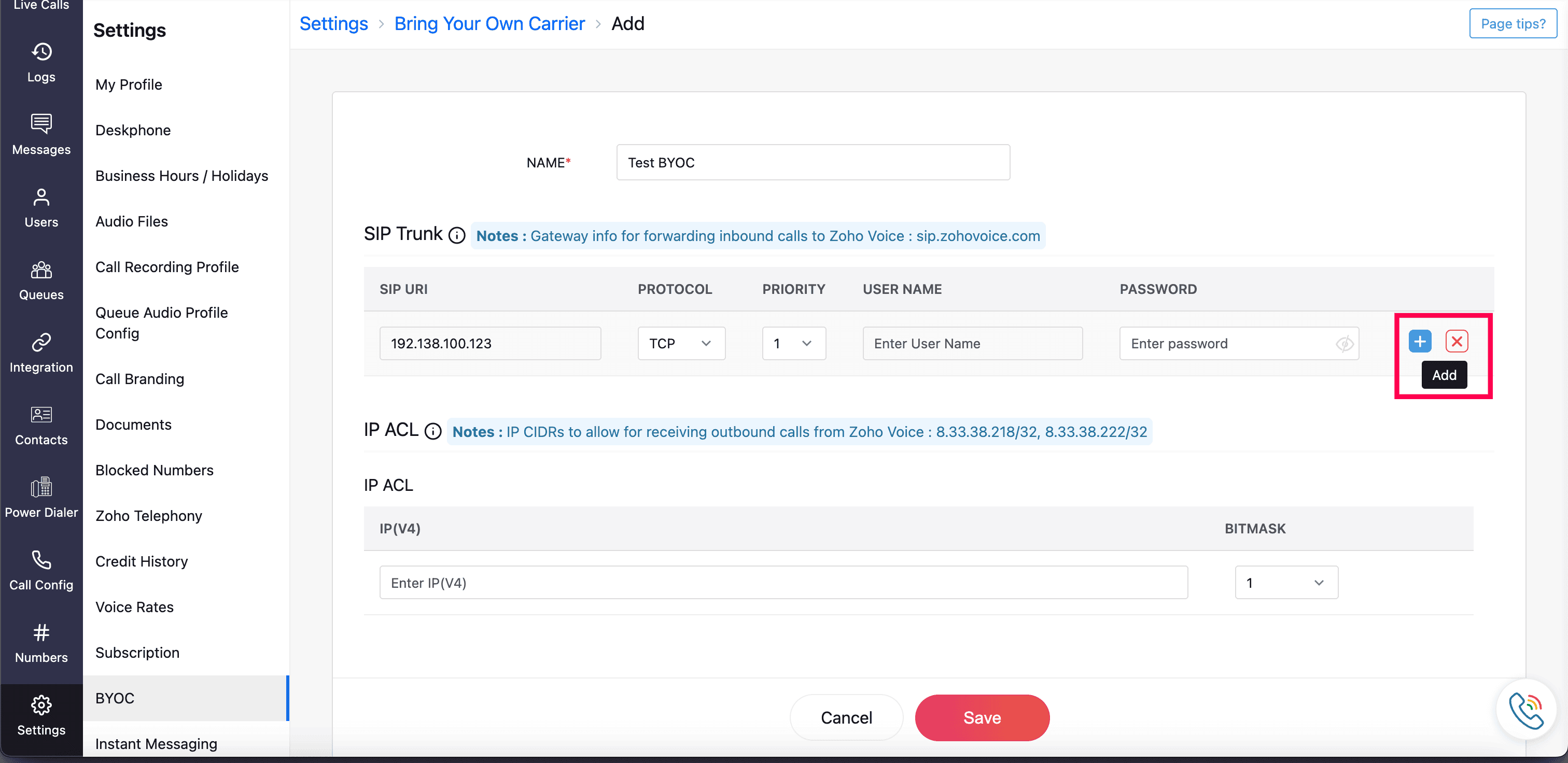 BYOC trunk configuration