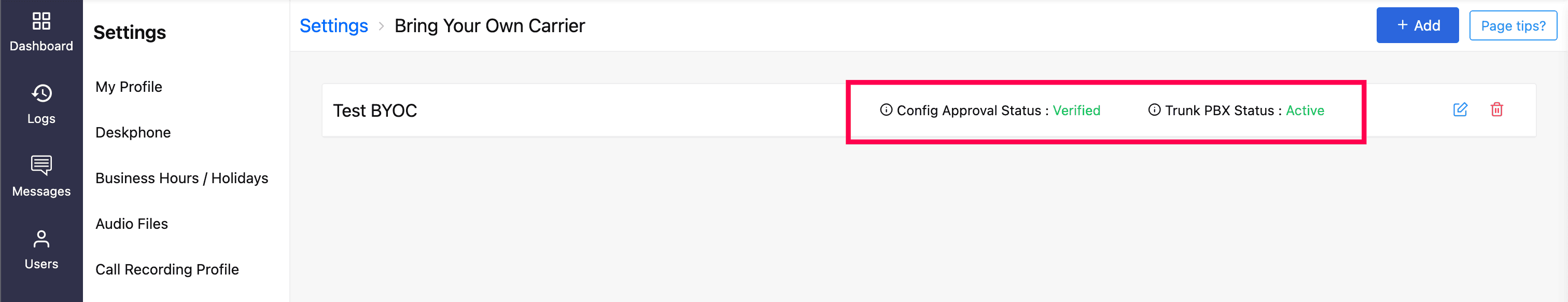 BYOC number addition