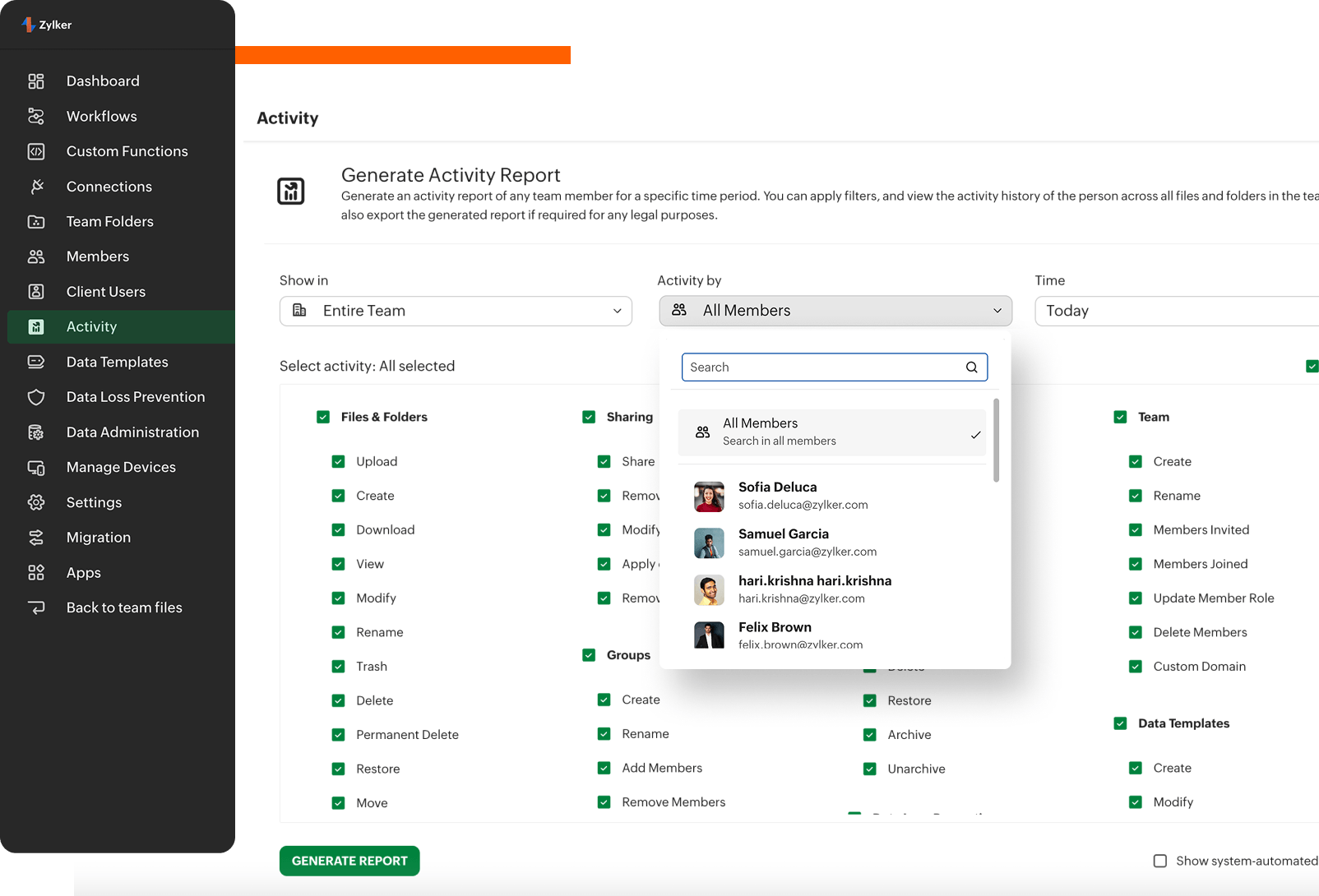 Detailed activity reports across users and files