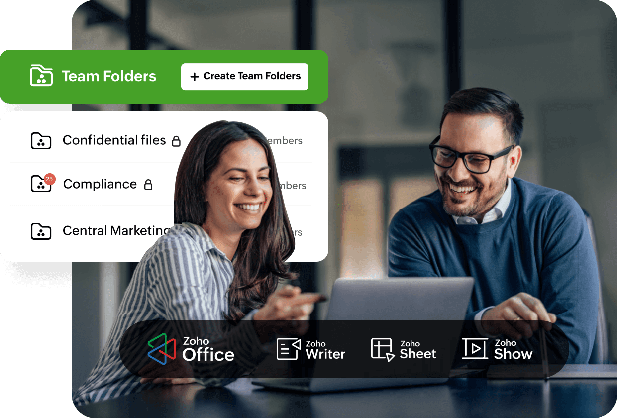 A pair of office workers checking out Zoho WorkDrive's editing suite on a laptop