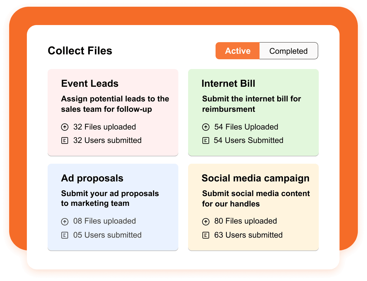 WorkDrive's Collect Files interface showing timed file submission settings