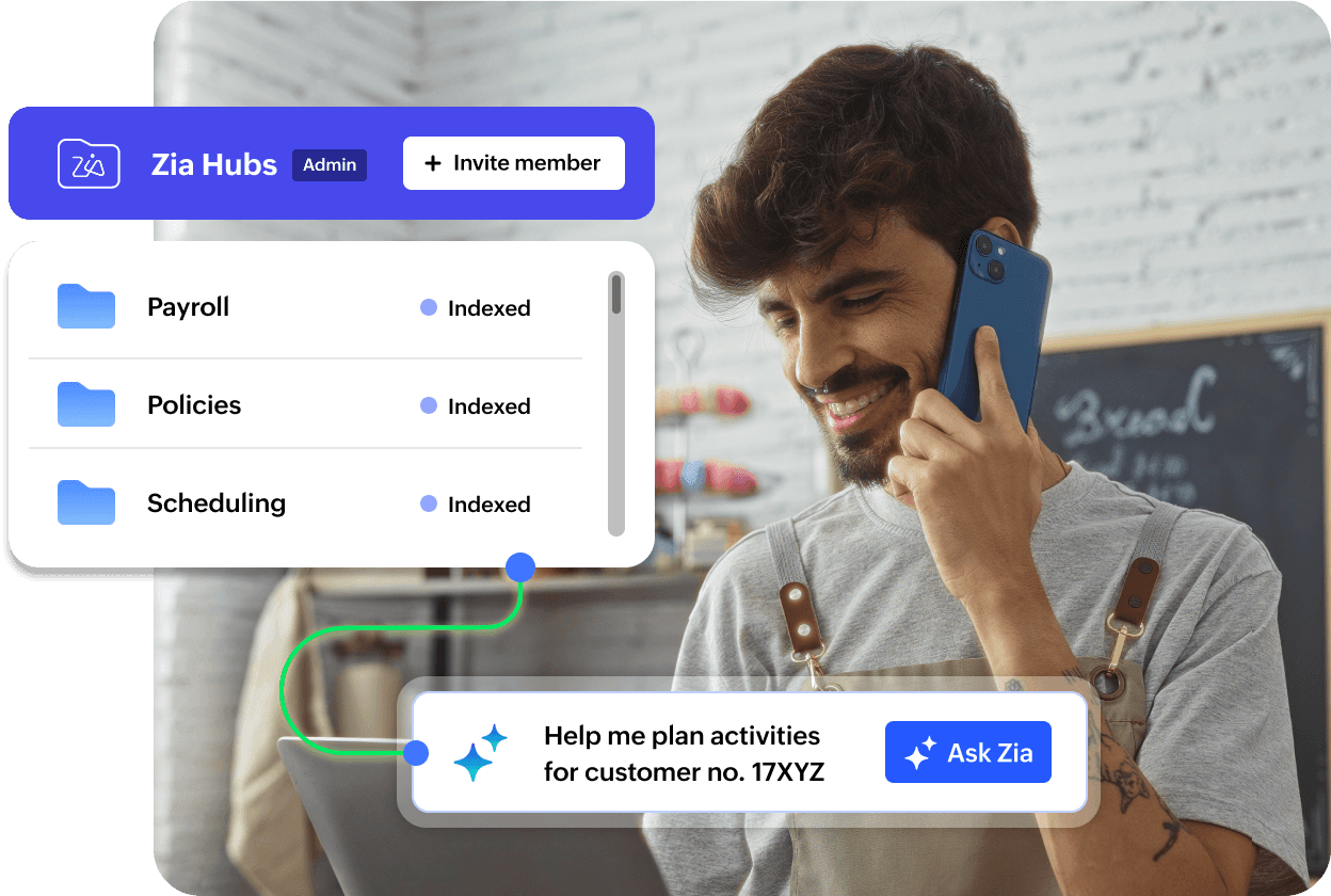 A restaurant worker on the phone while checking out Zia Hubs and asking it to help schedule activities using its AI features