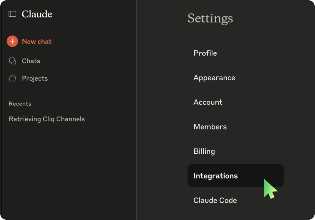 Claude desktop showing the Integrations menu option