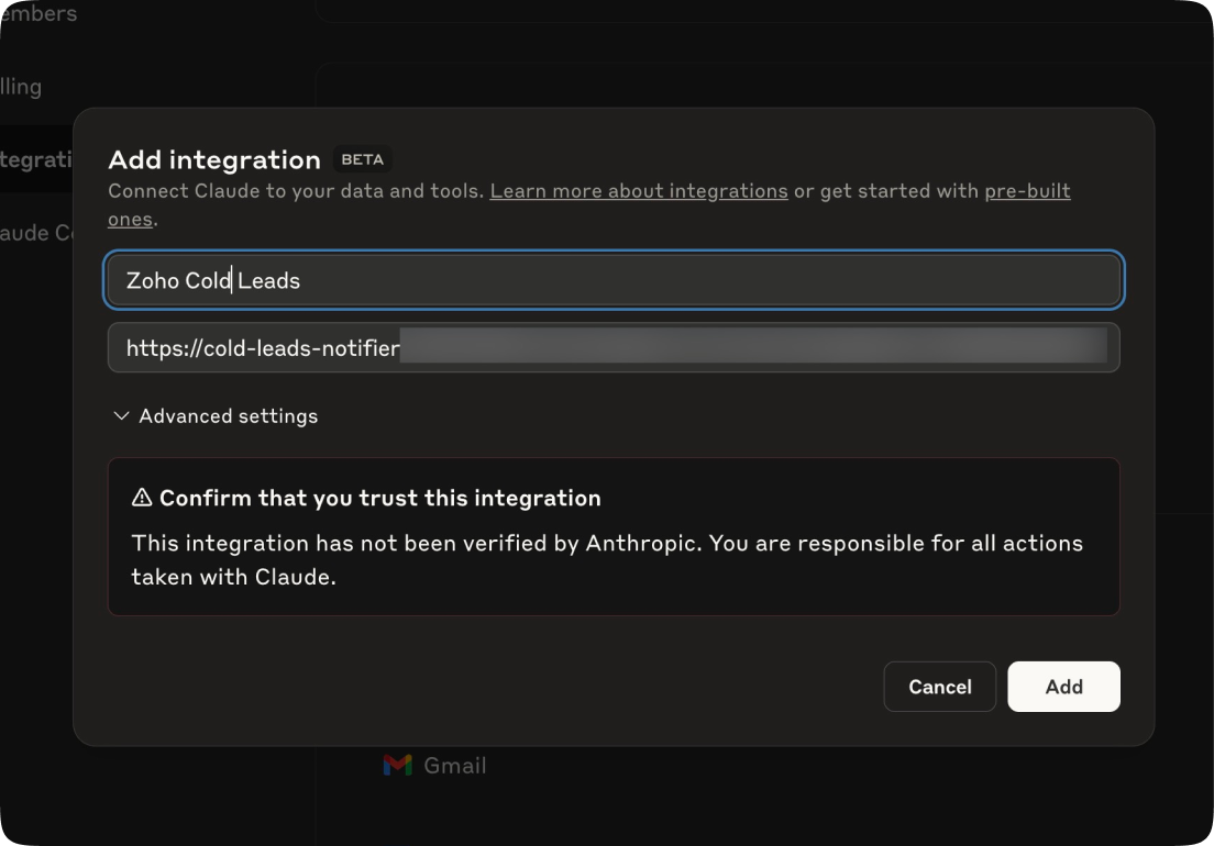 Dialog for adding the WorkDrive MCP server in Claude