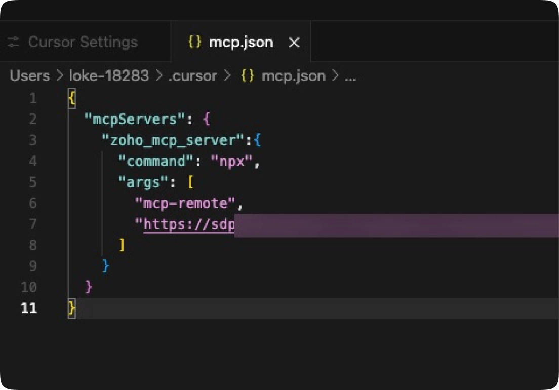 Cursor settings panel with the JSON configuration for WorkDrive MCP