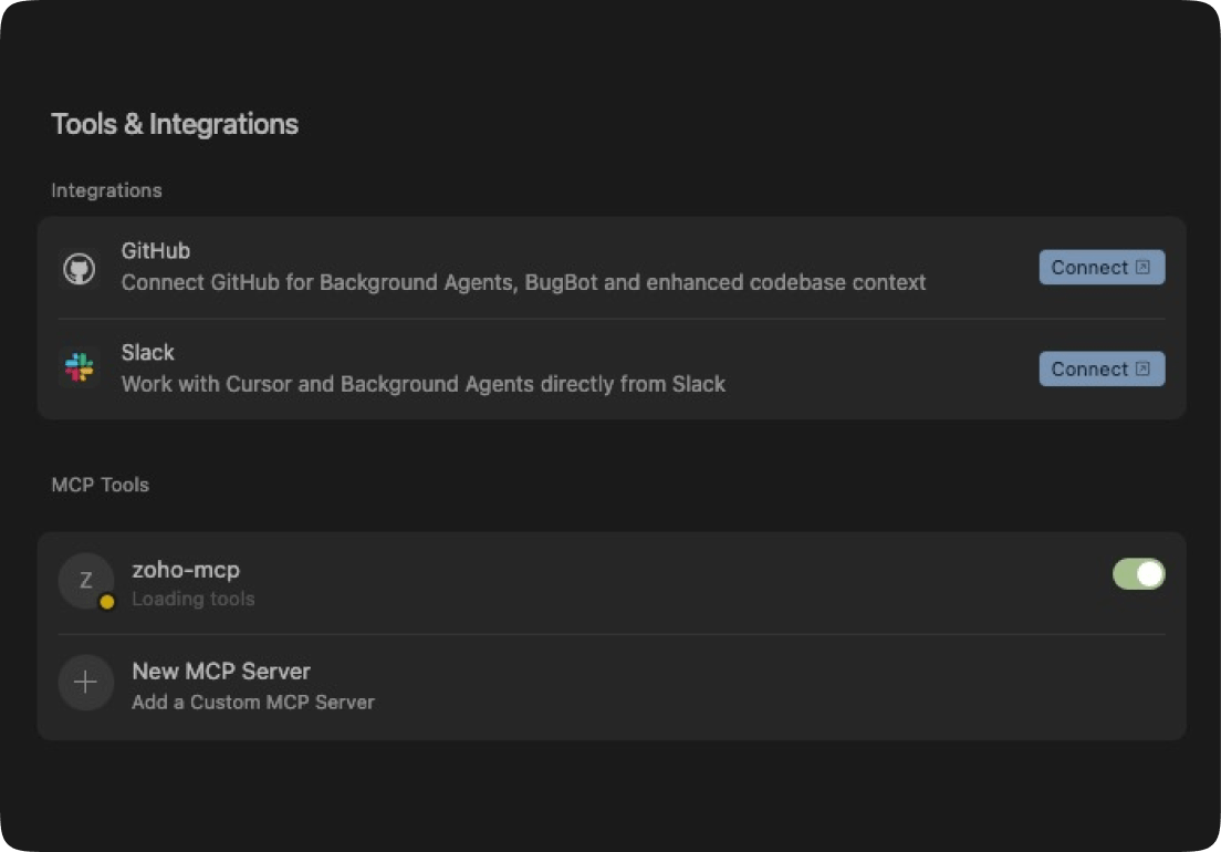 Cursor with Agent Mode enabled and WorkDrive MCP connected
