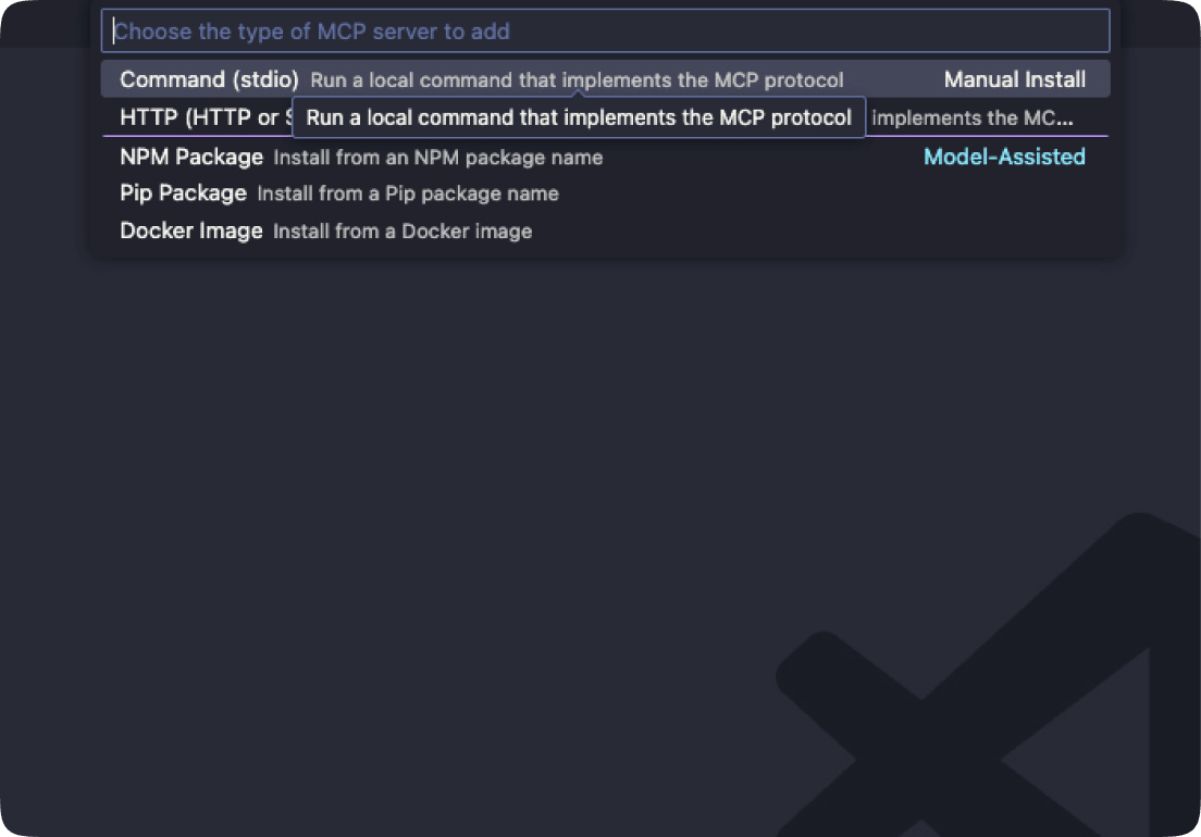 VS Code Command Palette with the MCP configuration option