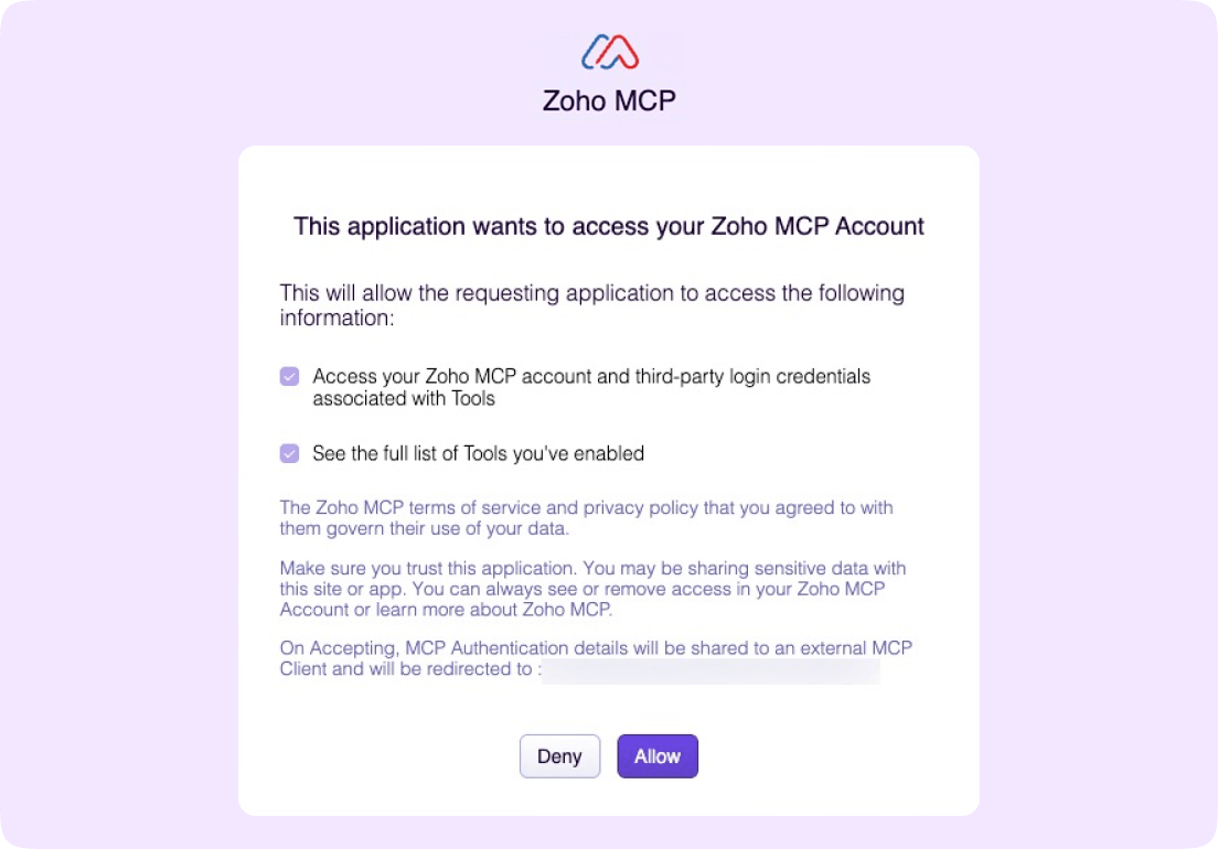 GitHub Copilot prompt requesting access to Zoho MCP tools