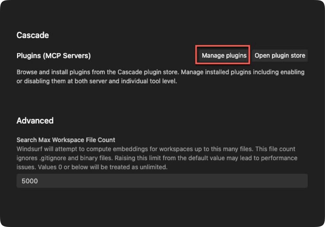 Windsurf MCP settings with the Manage Plugins option highlighted
