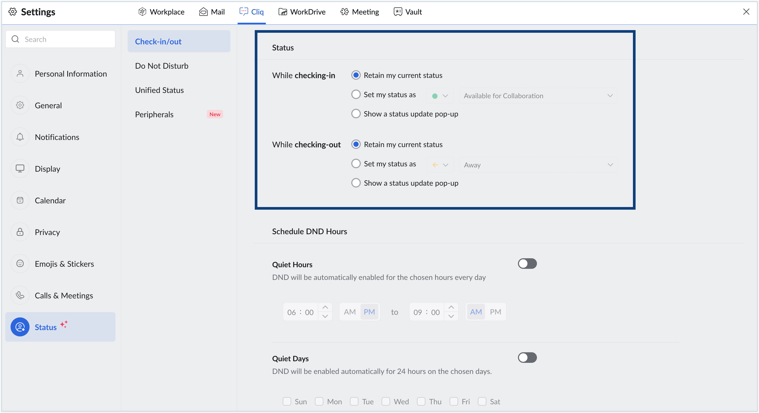Screenshot of cliq's status settings