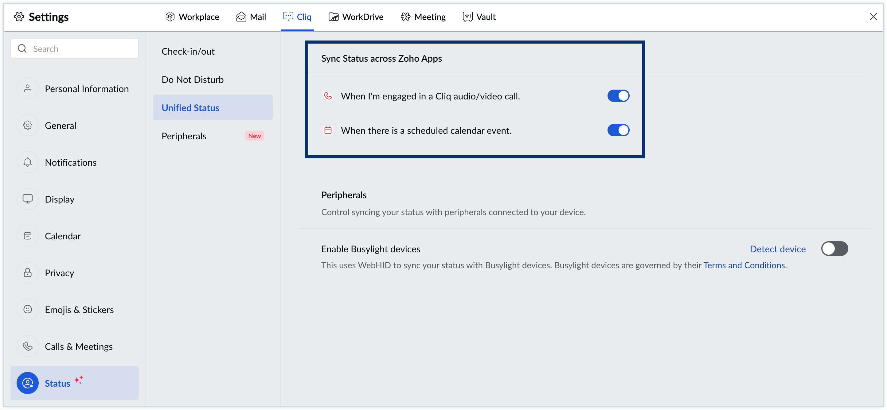 Screenshot of unified status in cliq