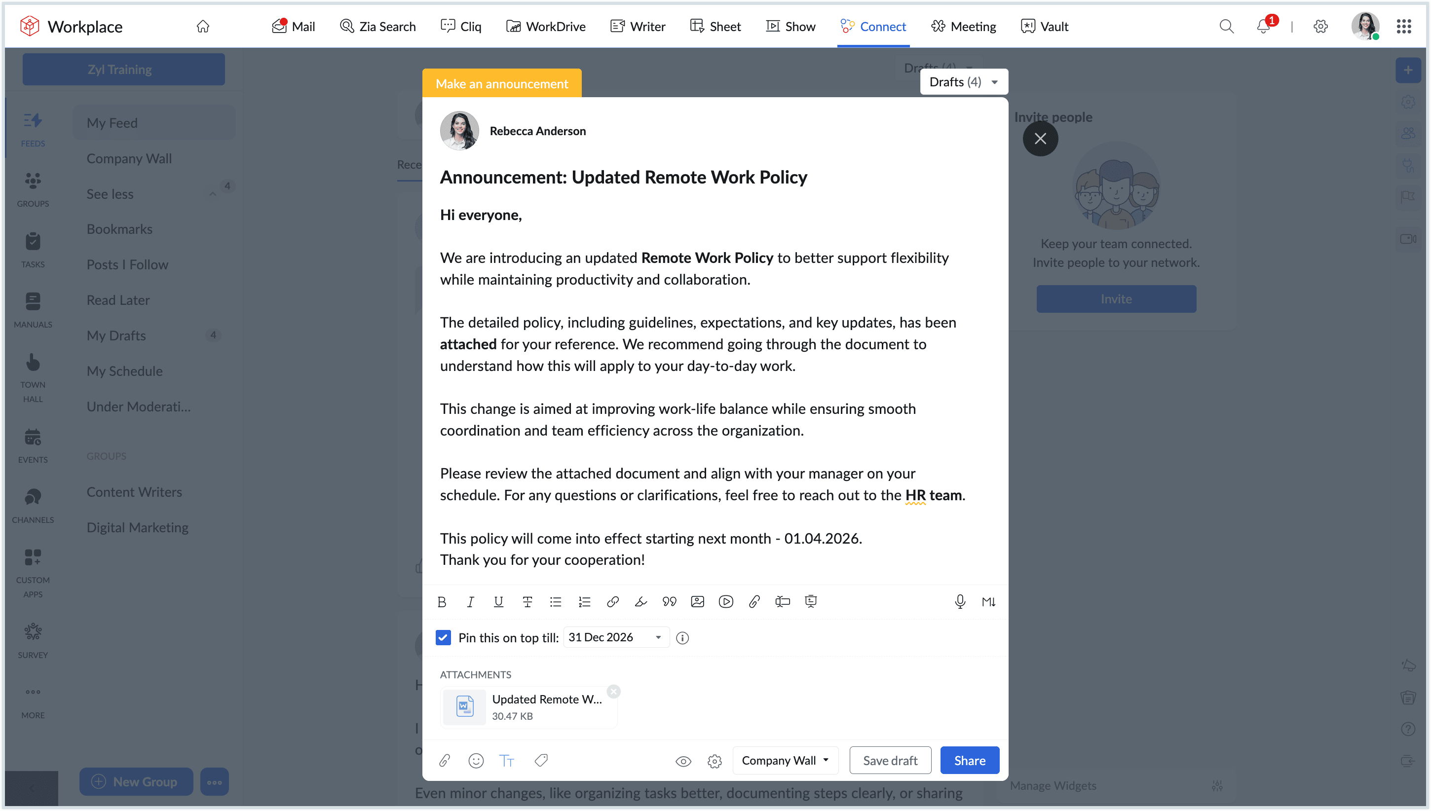 Screenshot to create an announcement