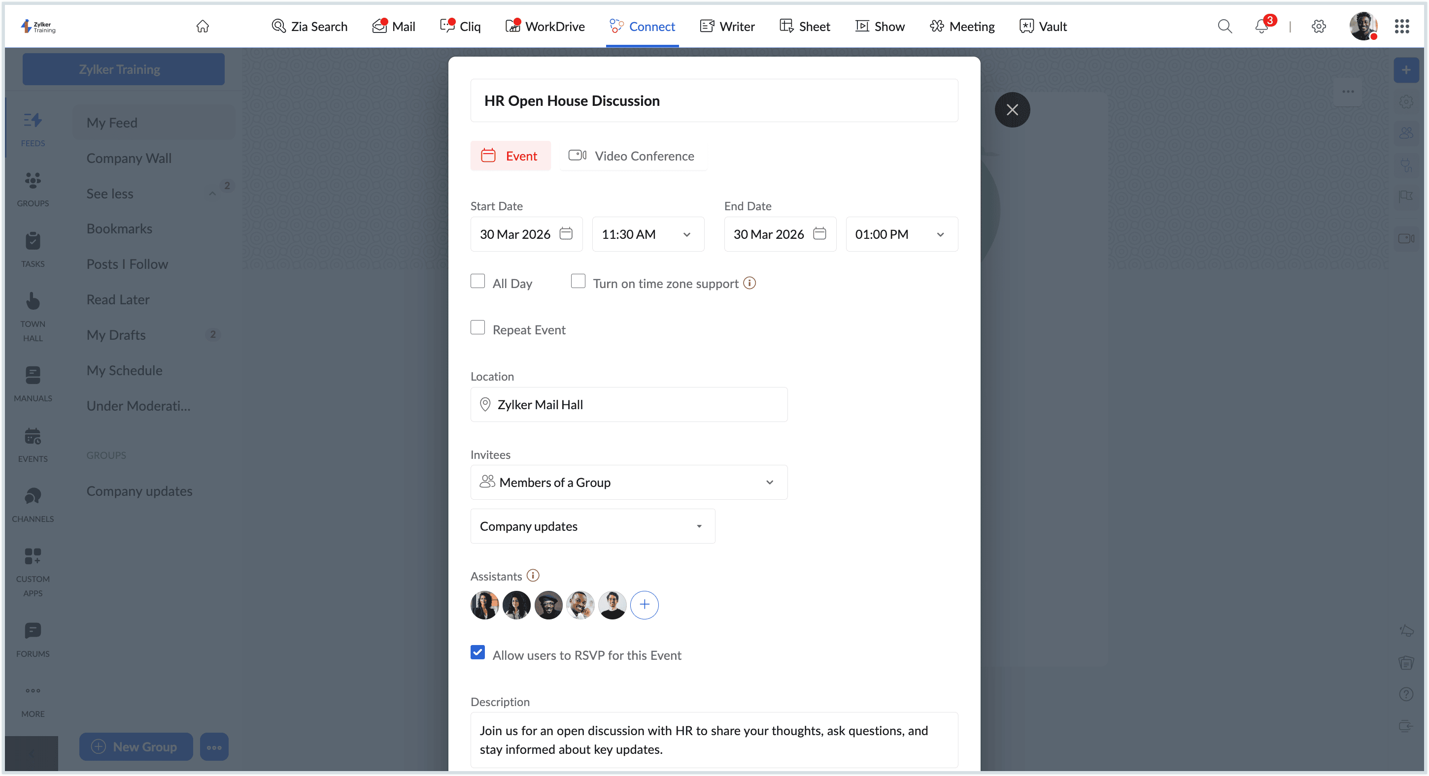Screenshot to create an event