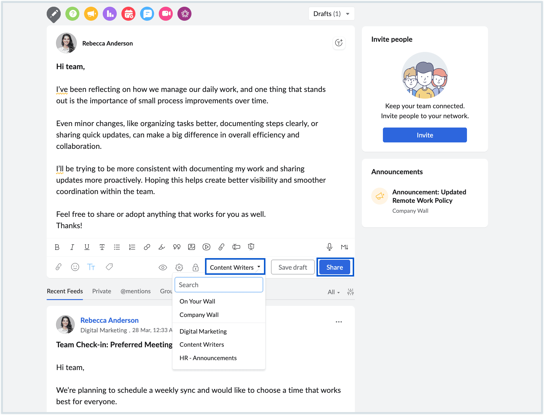 Screenshot of sharing a post
